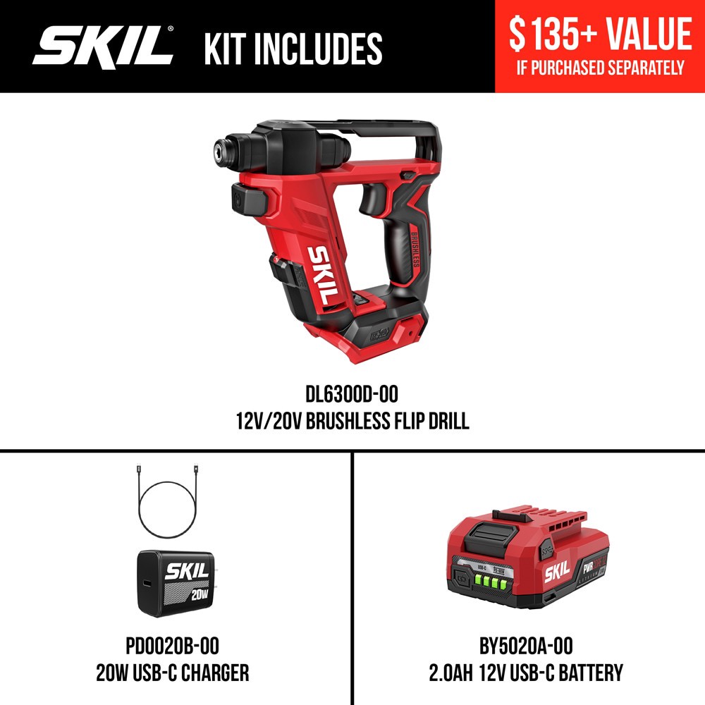 slide 2 of 6, SKIL PWR CORE 12/20V 12-volt 1/4-in Keyless Brushless Cordless Drill ( 1 -Batteries Included, and Charger Included ), 1 ct