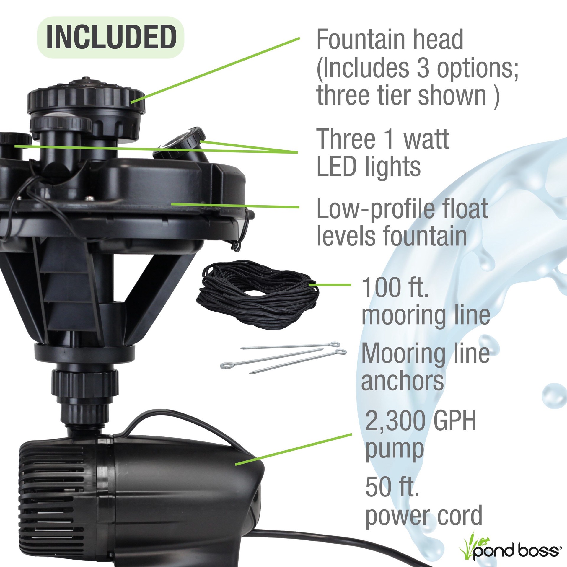 slide 3 of 6, pond boss 14.3-in x 14.3-in x 18.9-in Black Plastic Pond Floating fountain with lights, 1 ct