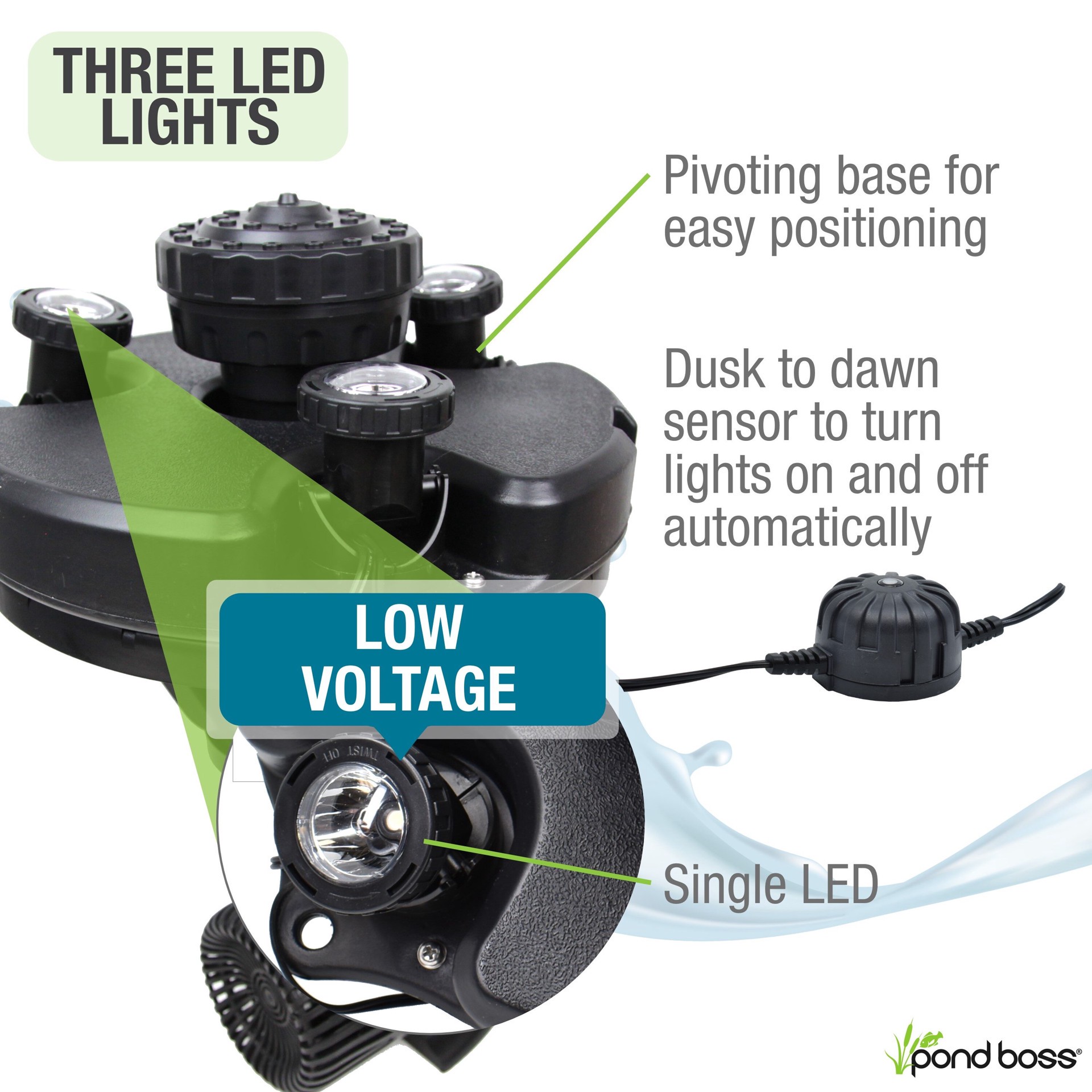 slide 6 of 6, pond boss 14.3-in x 14.3-in x 18.9-in Black Plastic Pond Floating fountain with lights, 1 ct