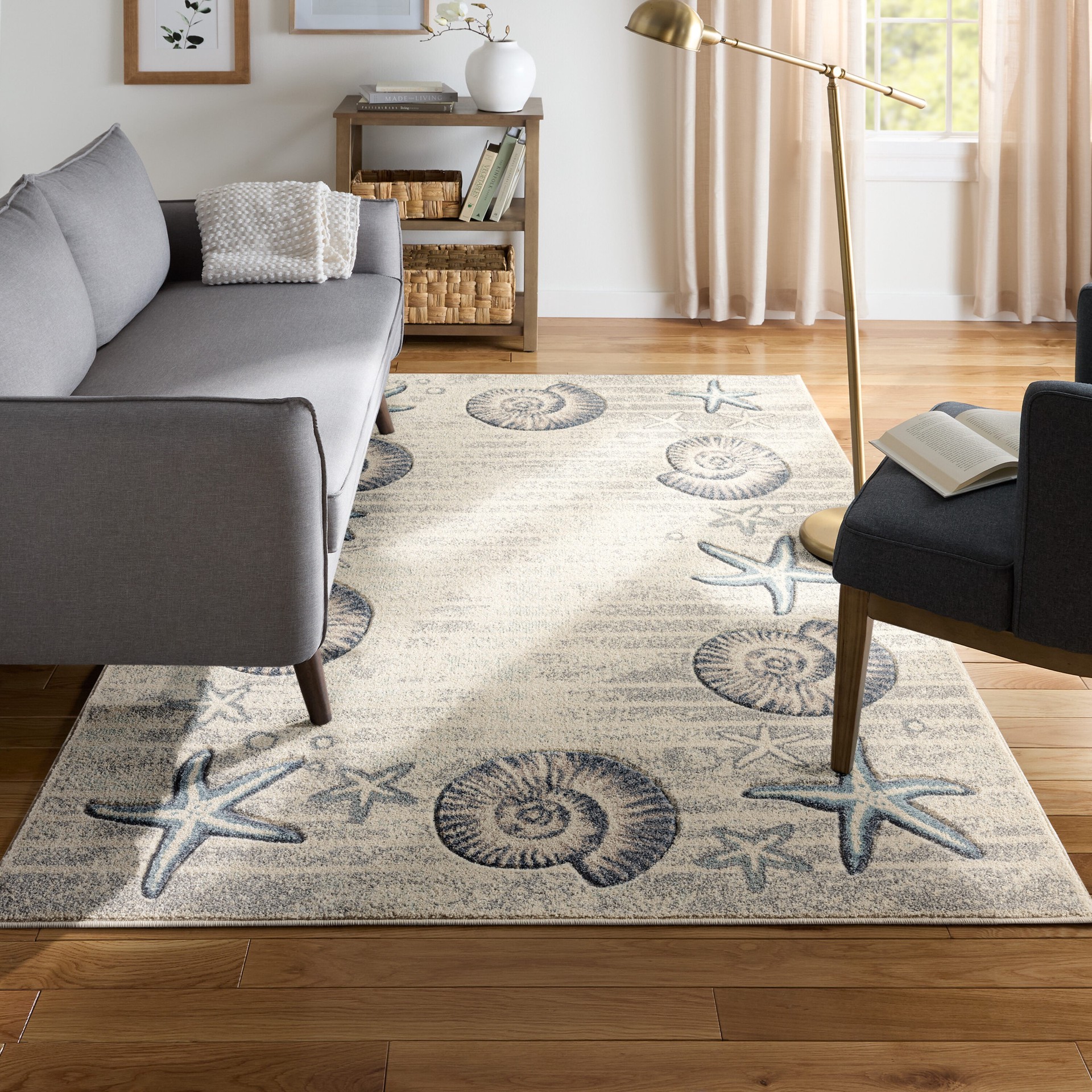 slide 1 of 6, allen + roth Ondine 5 x 7 (ft) Loomed Cream Rectangular Indoor Coastal Pet Friendly Area rug, 1 ct