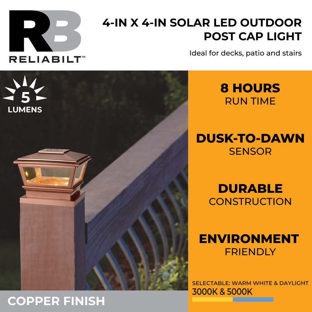 slide 2 of 6, RELIABILT Solar 4-in x 4-in Copper LED Outdoor Post cap light, 1 ct