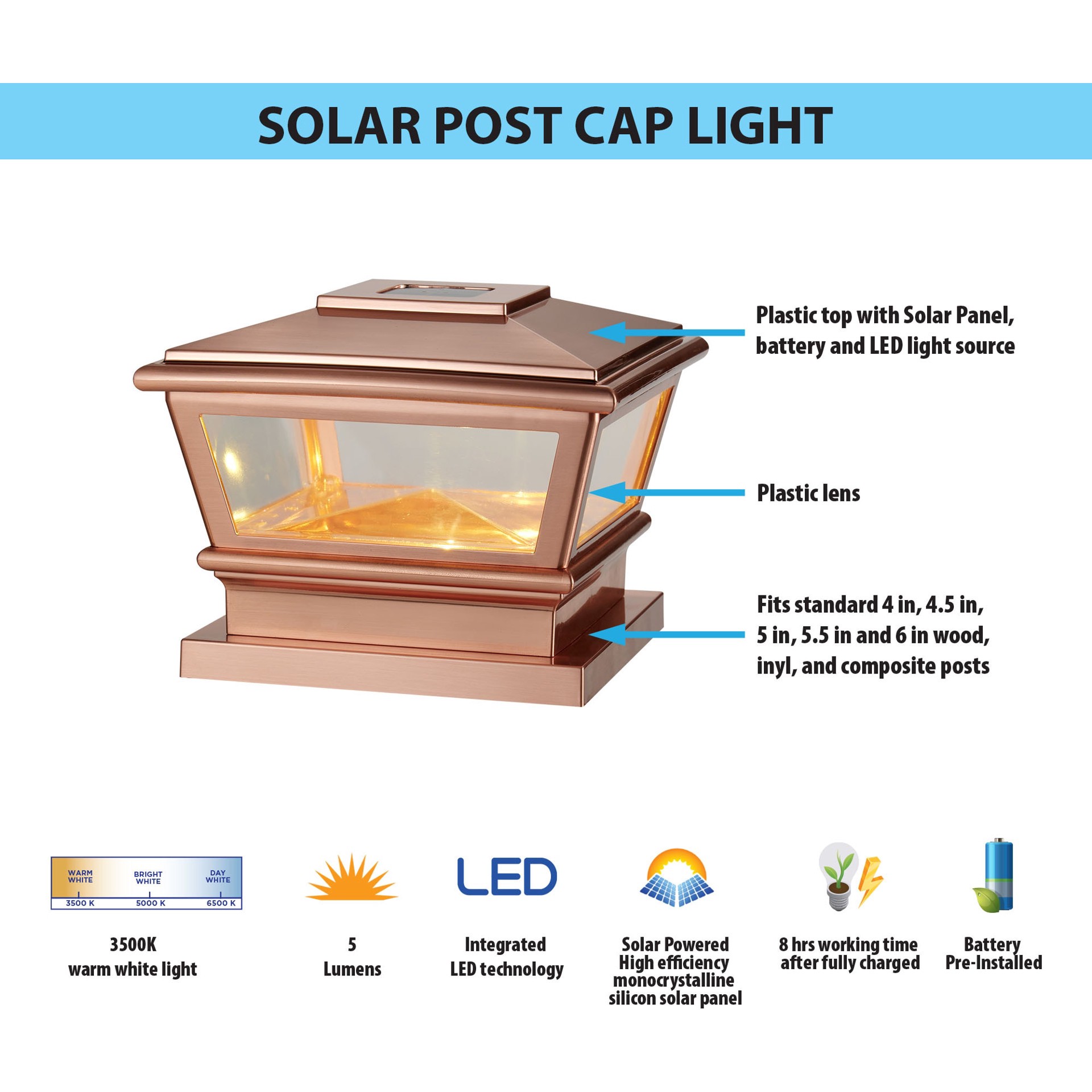slide 5 of 6, RELIABILT Solar 4-in x 4-in Copper LED Outdoor Post cap light, 1 ct