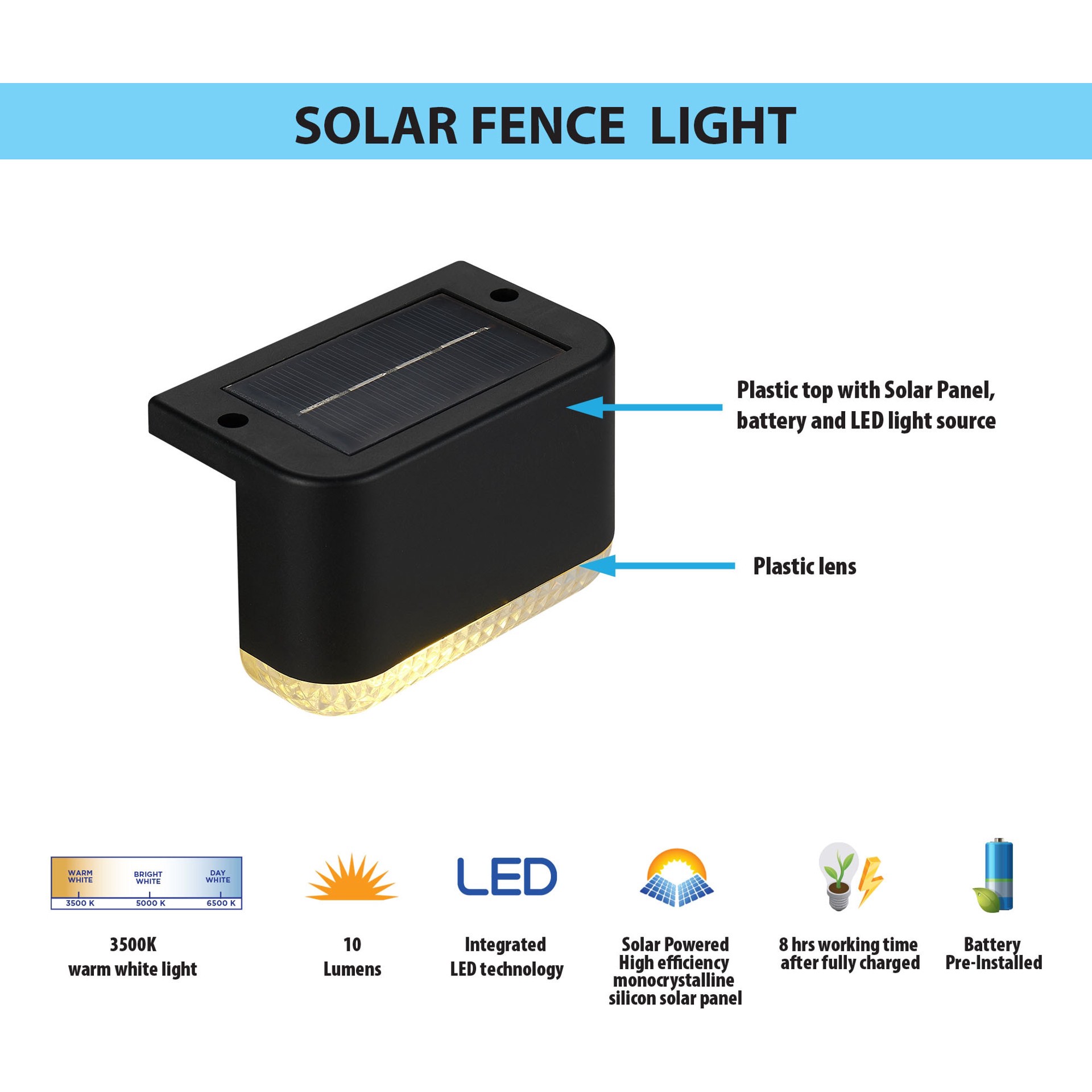 slide 5 of 6, RELIABILT Solar Black LED Outdoor Rail light 2 -Pack, 1 ct