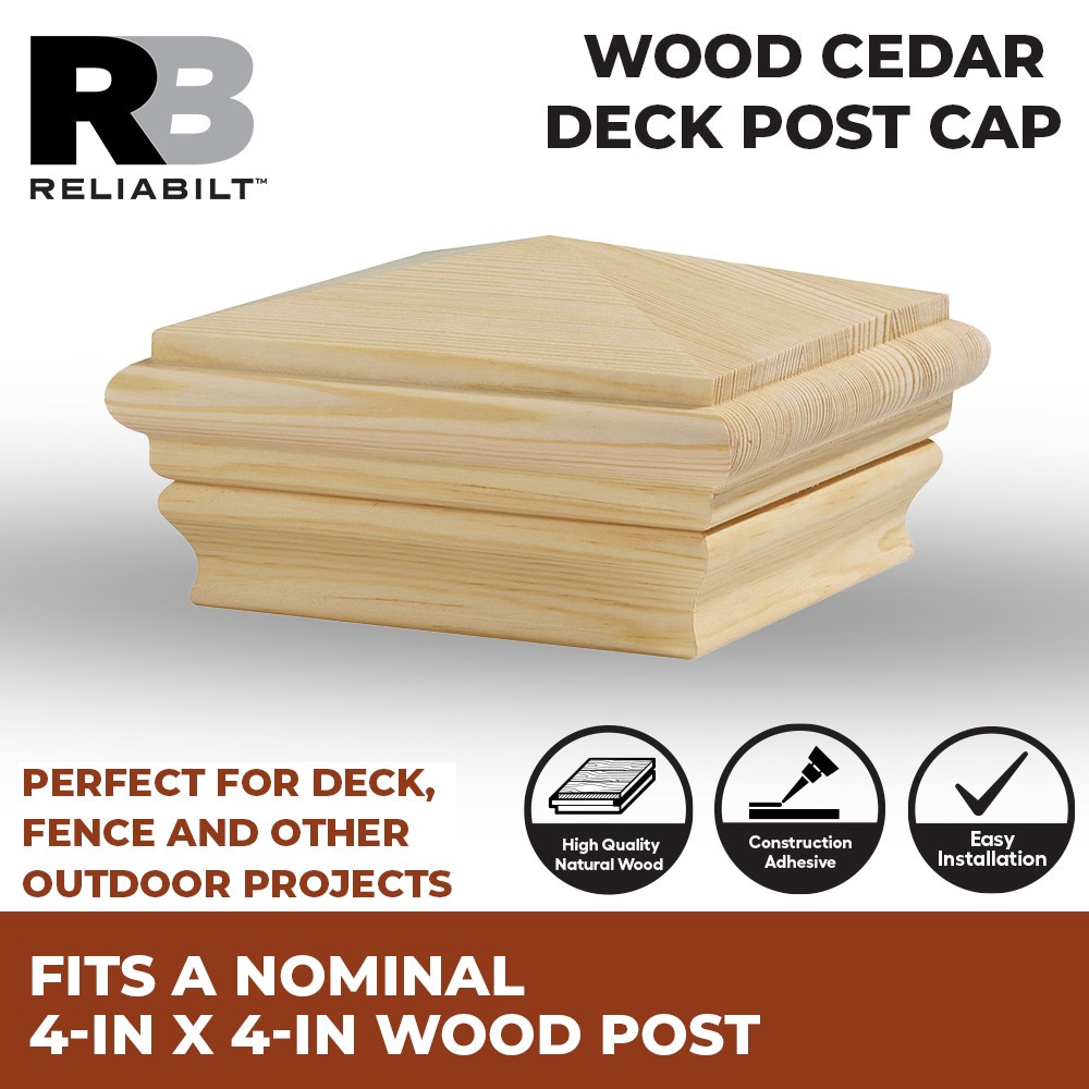 slide 2 of 6, RELIABILT 4-in x 4-in Natural Wood Cedar Deck Post Cap, 1 ct