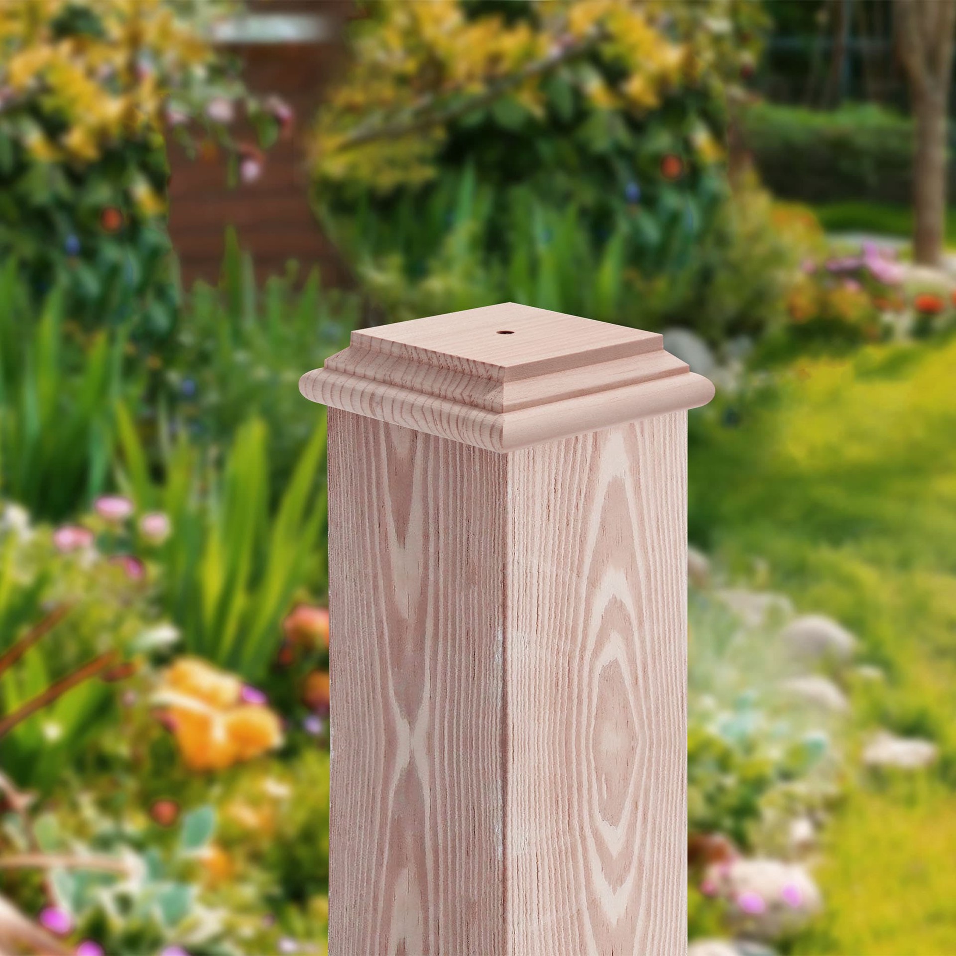 slide 5 of 6, RELIABILT 4-in x 4-in Natural Wood Redwood Deck Post Cap, 1 ct