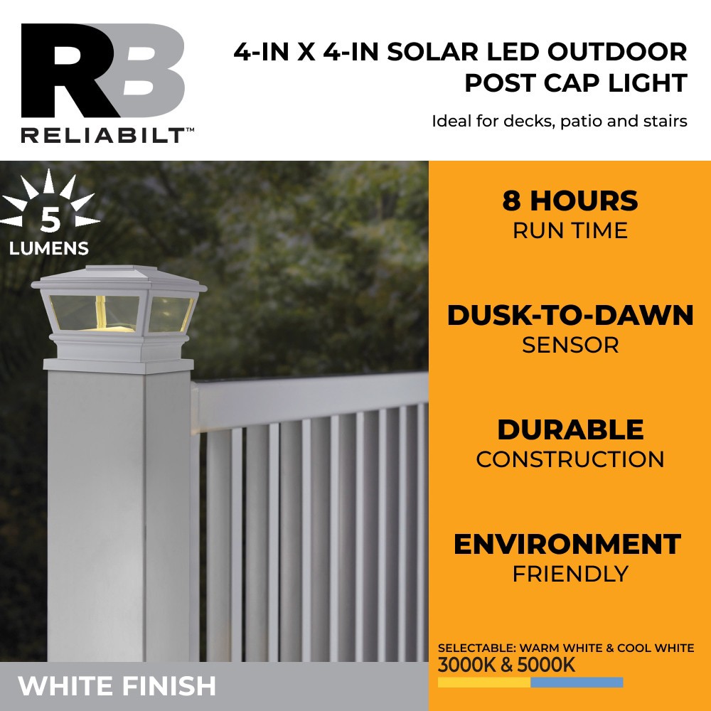 slide 2 of 6, RELIABILT Solar 4-in x 4-in White LED Outdoor Post cap light, 1 ct