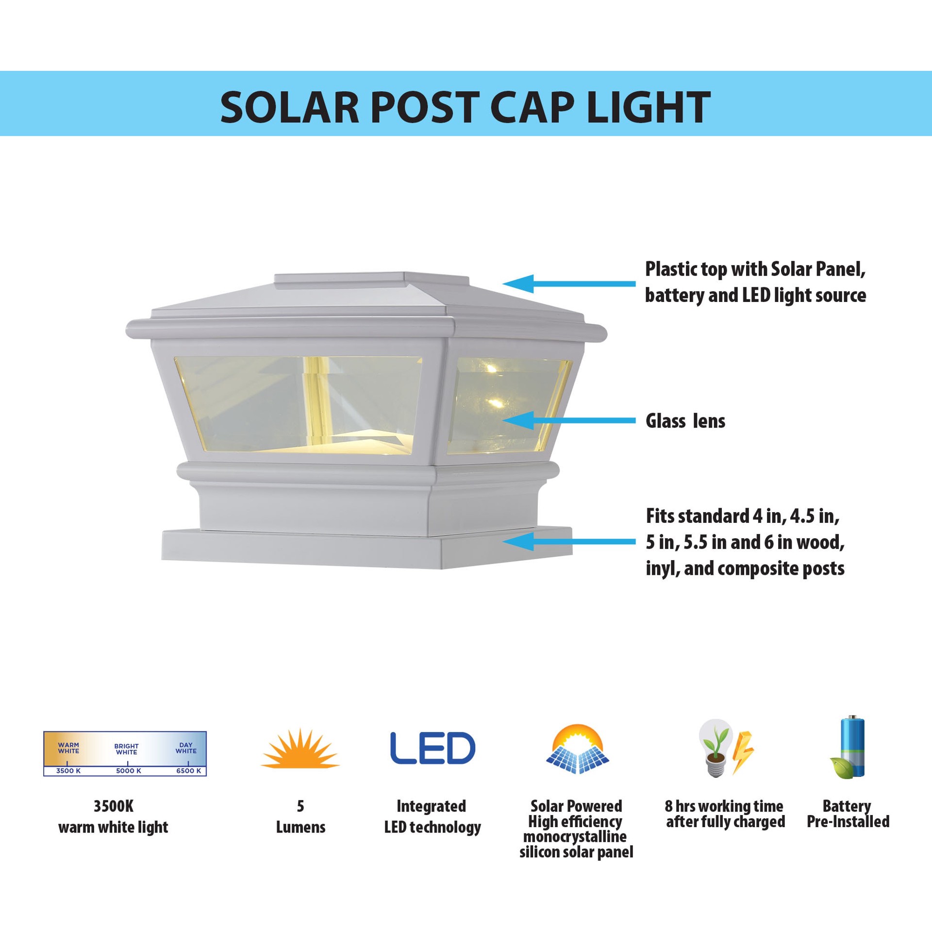 slide 5 of 6, RELIABILT Solar 4-in x 4-in White LED Outdoor Post cap light, 1 ct