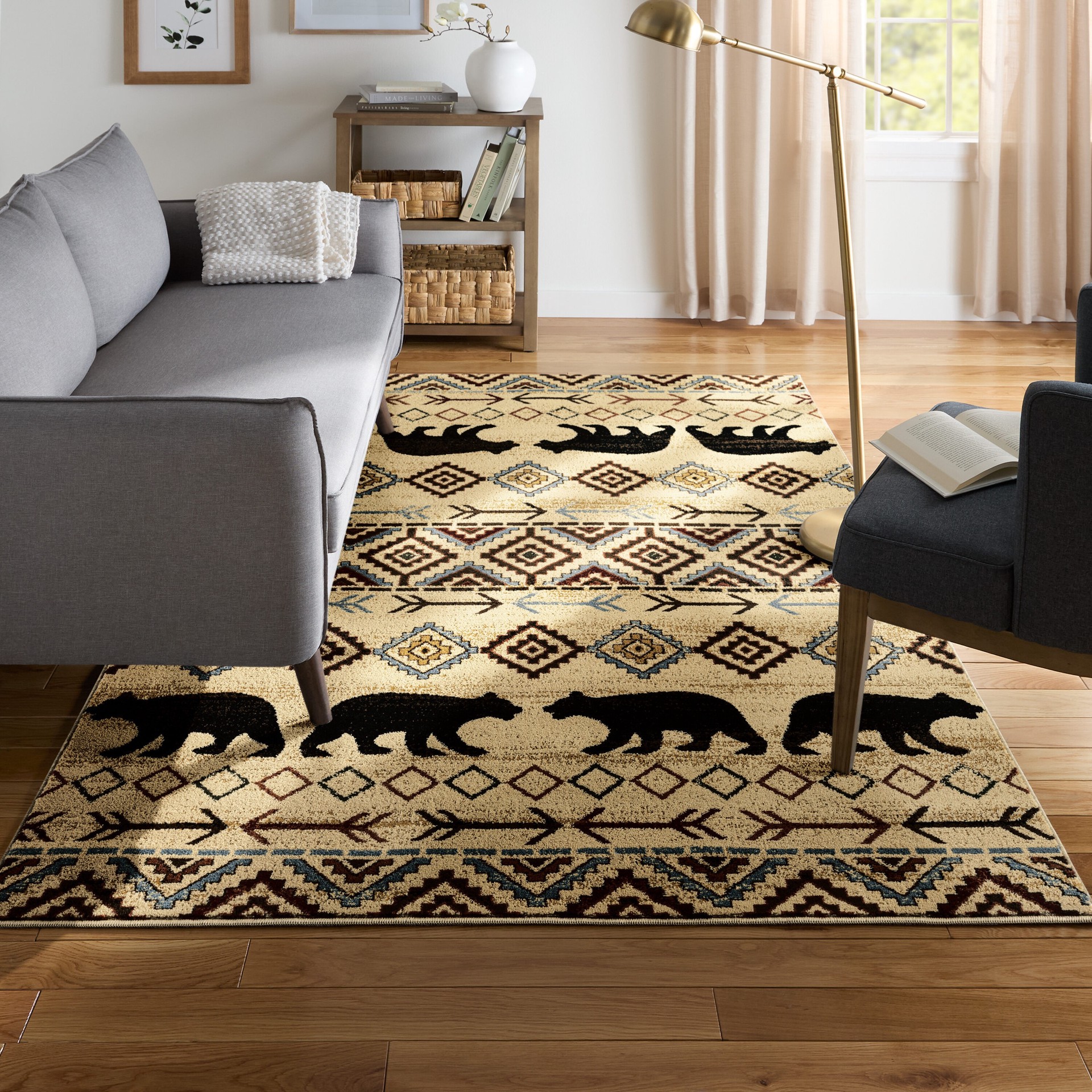 slide 1 of 6, allen + roth Evander 5 x 7 (ft) Loomed Beige Black Rectangular Indoor Lodge Pet Friendly Area rug, 1 ct