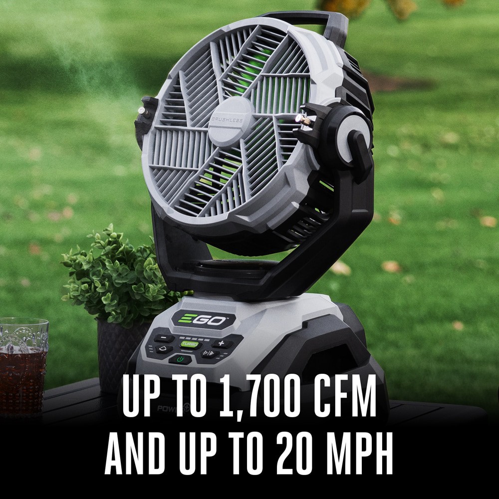 slide 2 of 6, EGO 10-in 56 -Volt 5 -Speed High Velocity Indoor/Outdoor Grey/Green Oscillating Misting Jobsite Fan, 1 ct
