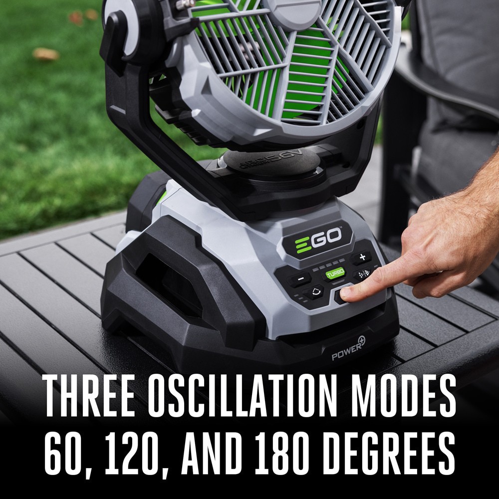 slide 3 of 6, EGO 10-in 56 -Volt 5 -Speed High Velocity Indoor/Outdoor Grey/Green Oscillating Misting Jobsite Fan, 1 ct
