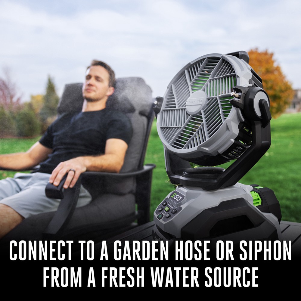 slide 5 of 6, EGO 10-in 56 -Volt 5 -Speed High Velocity Indoor/Outdoor Grey/Green Oscillating Misting Jobsite Fan, 1 ct