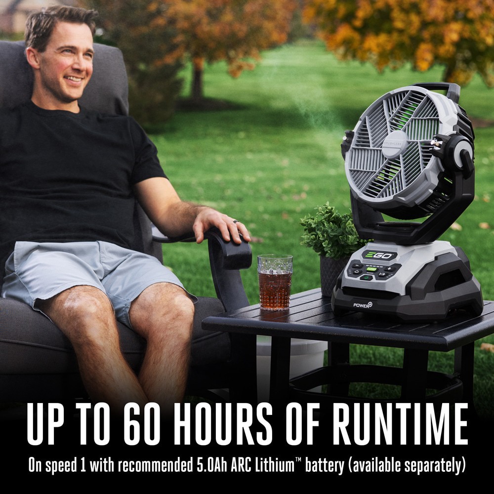 slide 6 of 6, EGO 10-in 56 -Volt 5 -Speed High Velocity Indoor/Outdoor Grey/Green Oscillating Misting Jobsite Fan, 1 ct