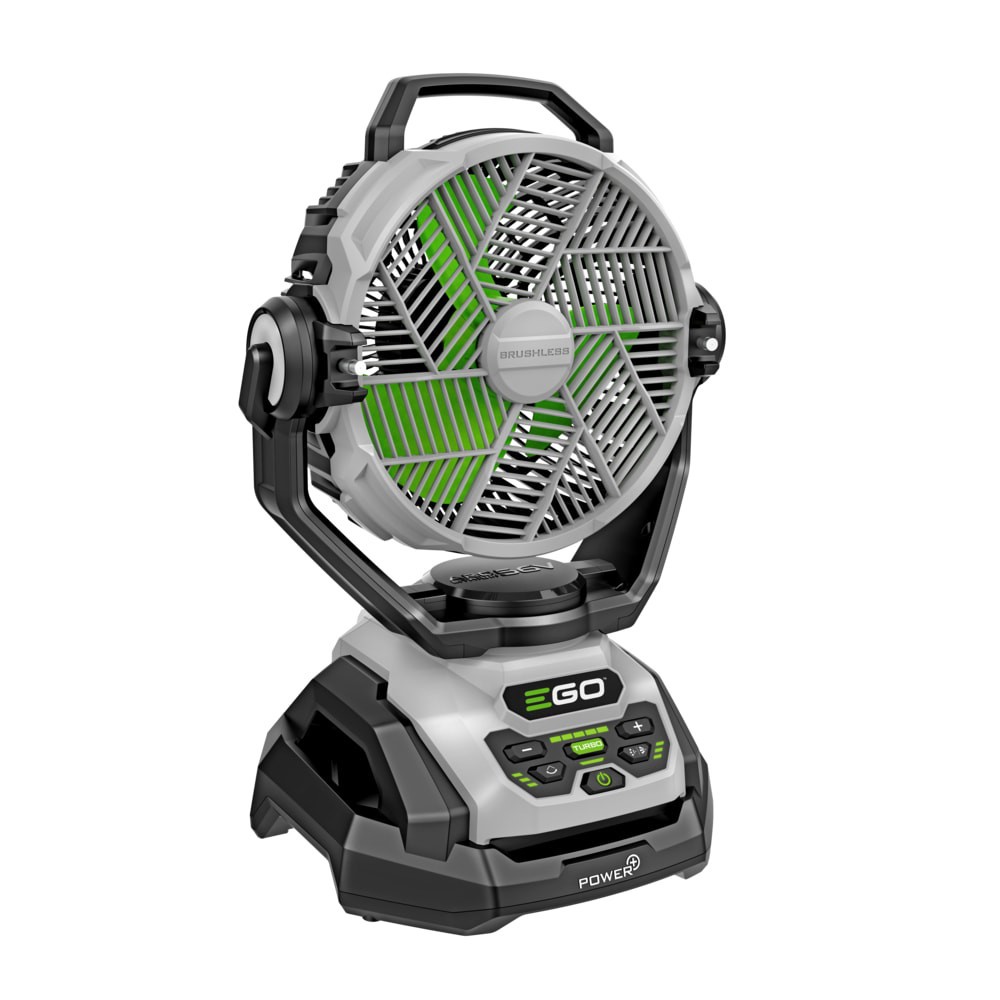 slide 1 of 6, EGO 10-in 56 -Volt 5 -Speed High Velocity Indoor/Outdoor Grey/Green Oscillating Misting Jobsite Fan, 1 ct