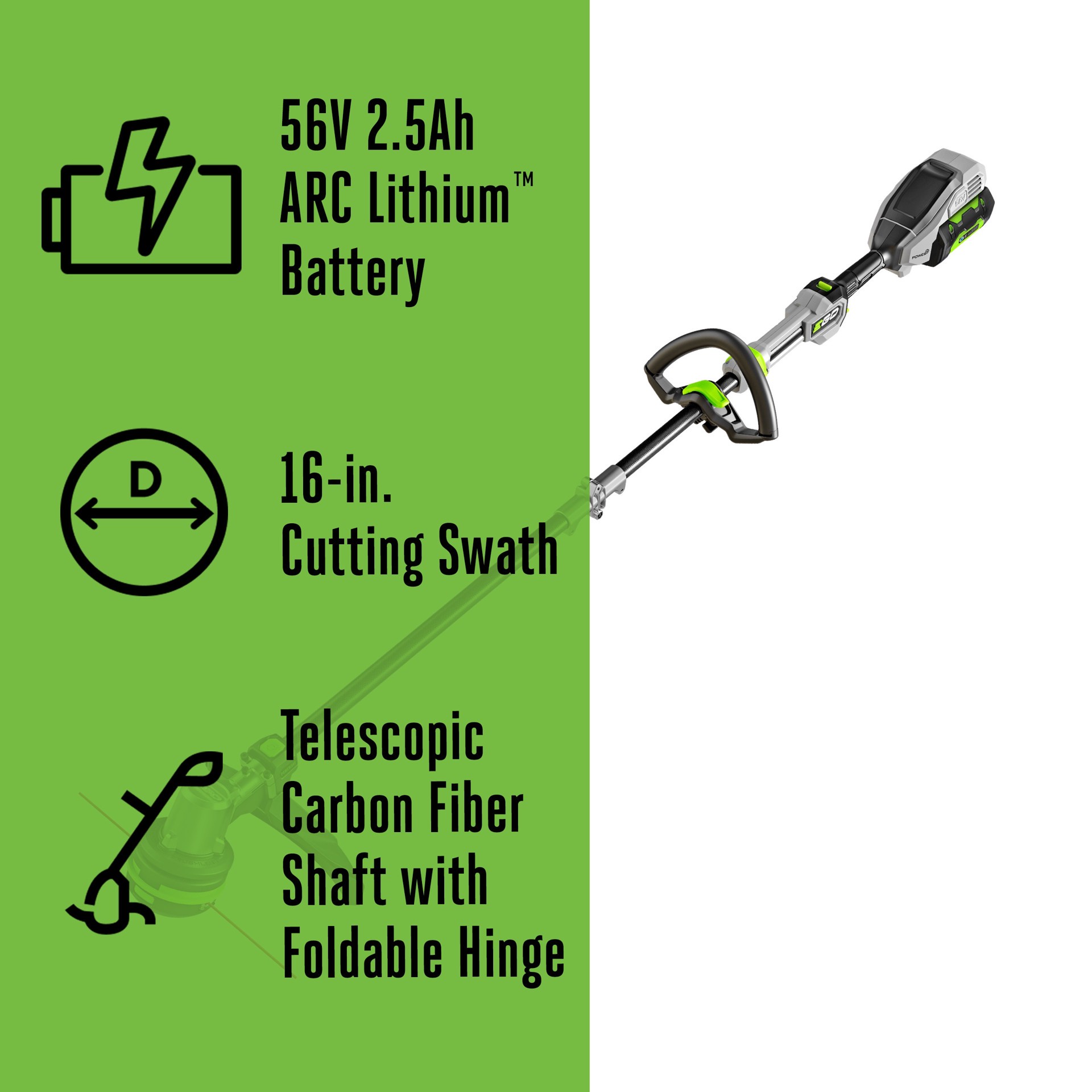 slide 2 of 6, EGO POWER+ POWERLOAD with Carbon Fiber Shaft 56-volt 16-in Telescopic Shaft Battery String Trimmer 2.5 Ah (Battery Included) (Charger Included), 1 ct