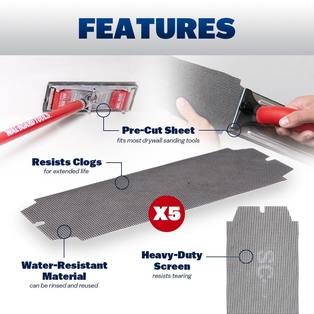 slide 2 of 6, WAL-BOARD TOOLS Precut Drywall Sanding Screen Fine 220 -Grit Screen Sandpaper 4.19-in W x 11.25-in L 5 -Pack, 1 ct