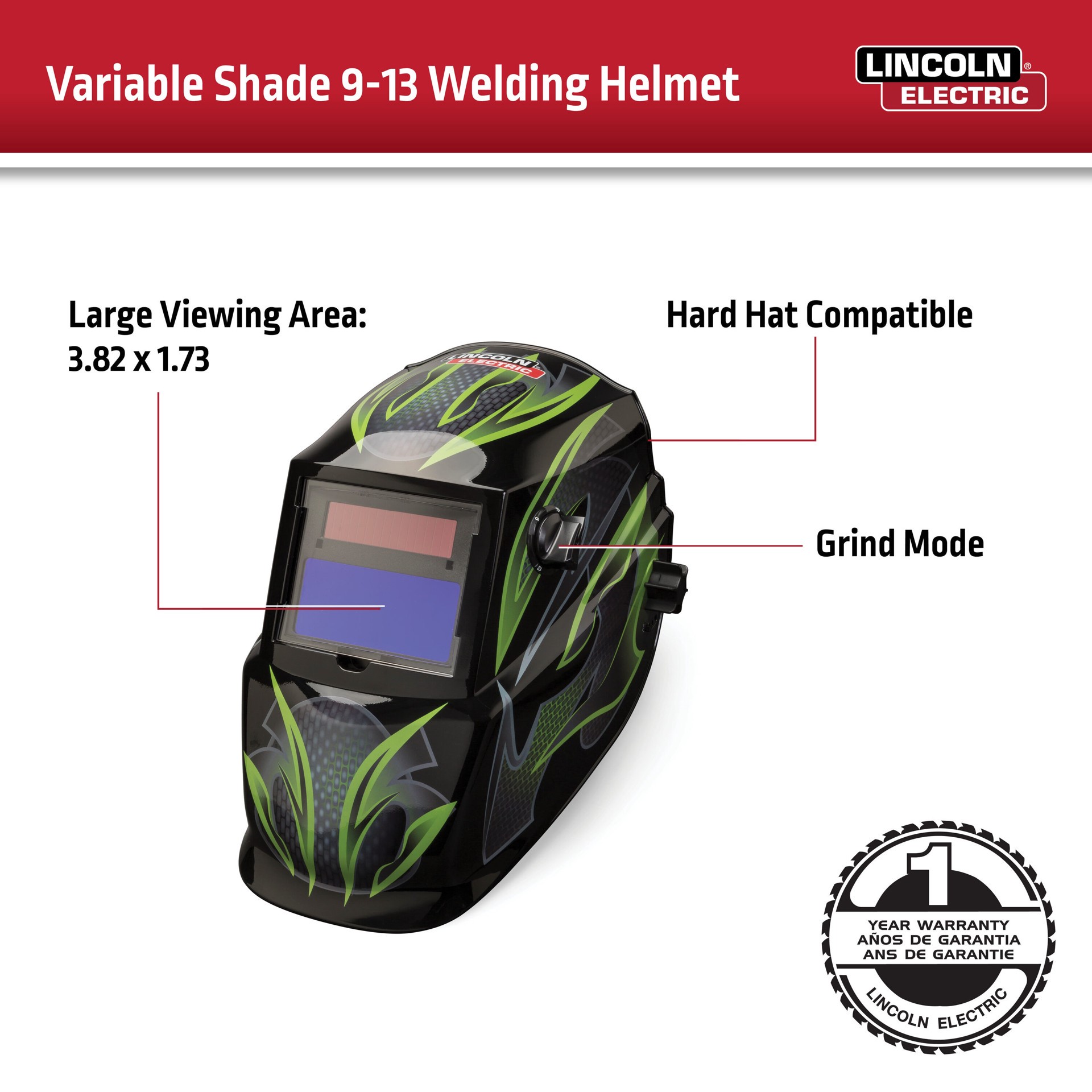 slide 2 of 6, Lincoln Electric Auto Darkening Variable Shade Green Welding Helmet, 1 ct