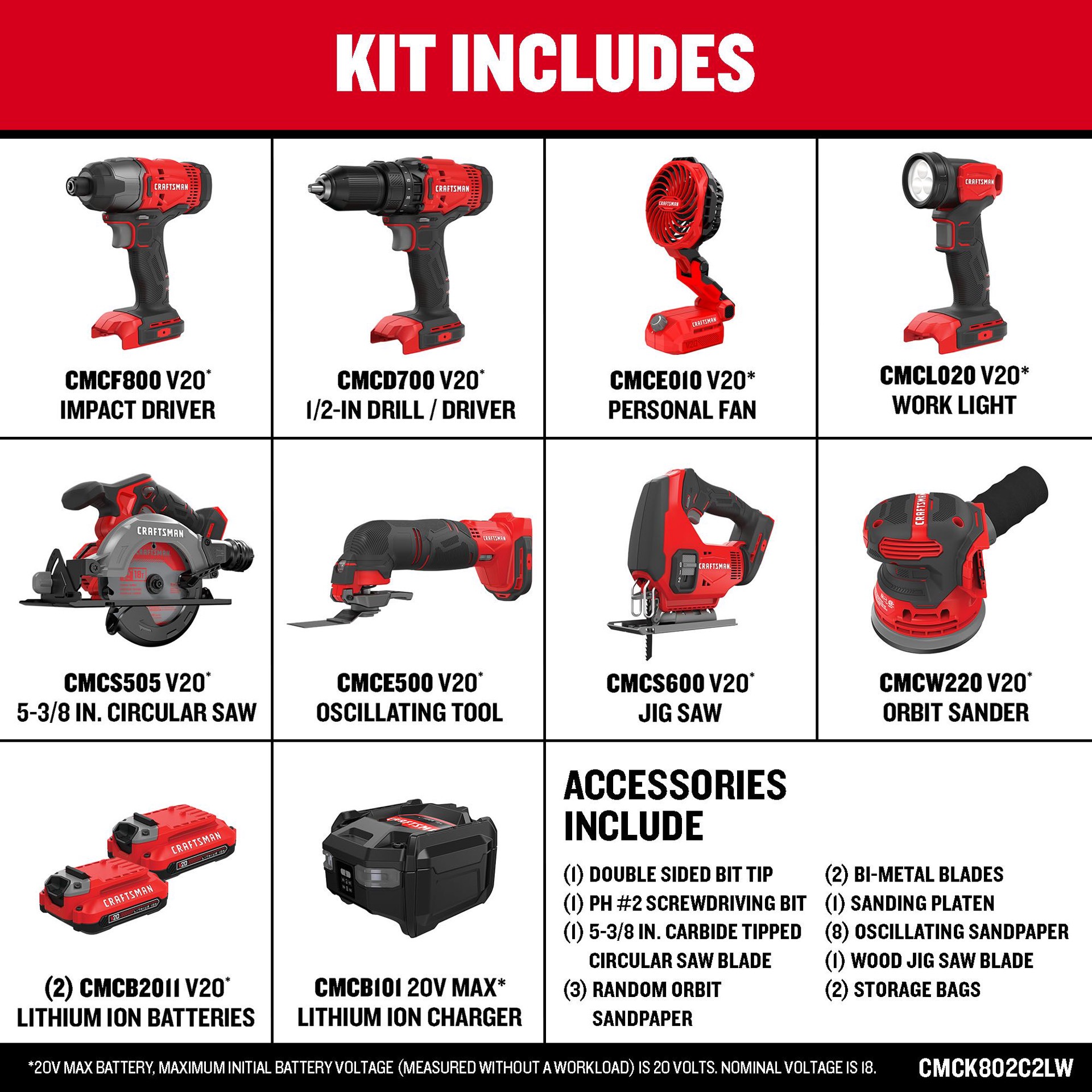 slide 2 of 6, CRAFTSMAN V20 20-volt Max 8-Tool Power Tool Combo Kit with Soft Case (2-Batteries Included and Charger Included), 1 ct