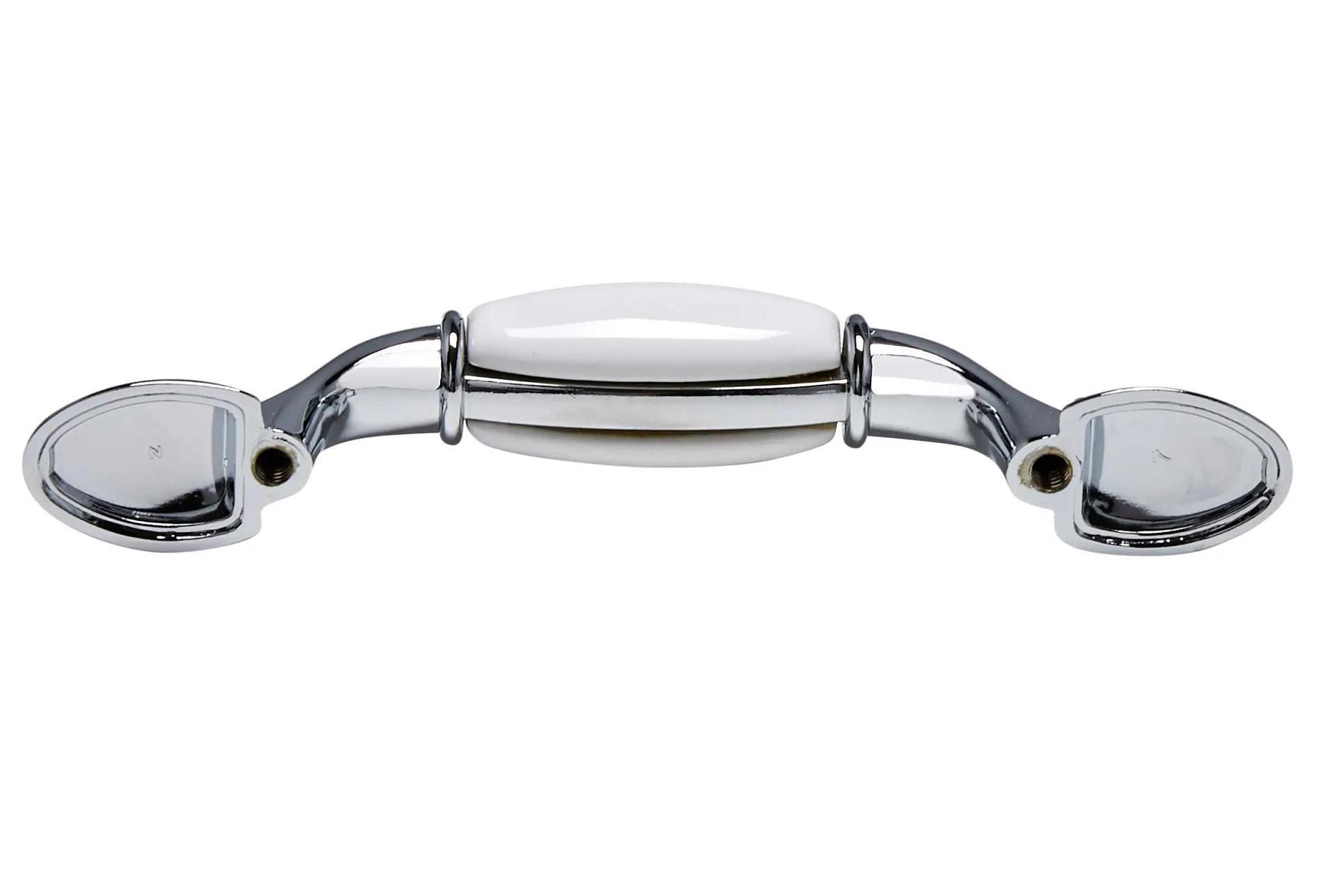 slide 2 of 5, allen + roth 3-in , 76mm Center to Center Polished chrome and porcelain white Arch Handle Drawer Pull, 1 ct