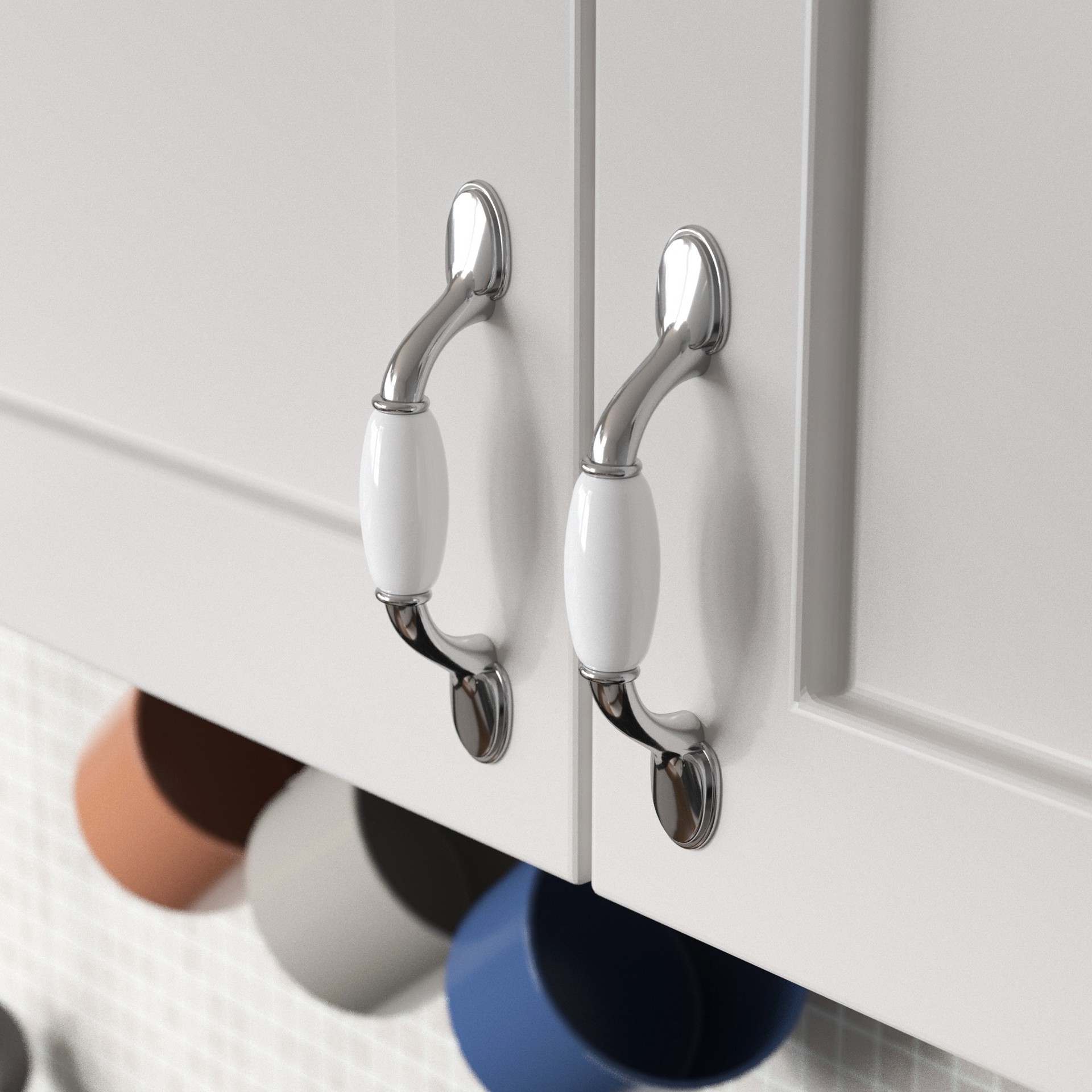 slide 3 of 5, allen + roth 3-in , 76mm Center to Center Polished chrome and porcelain white Arch Handle Drawer Pull, 1 ct
