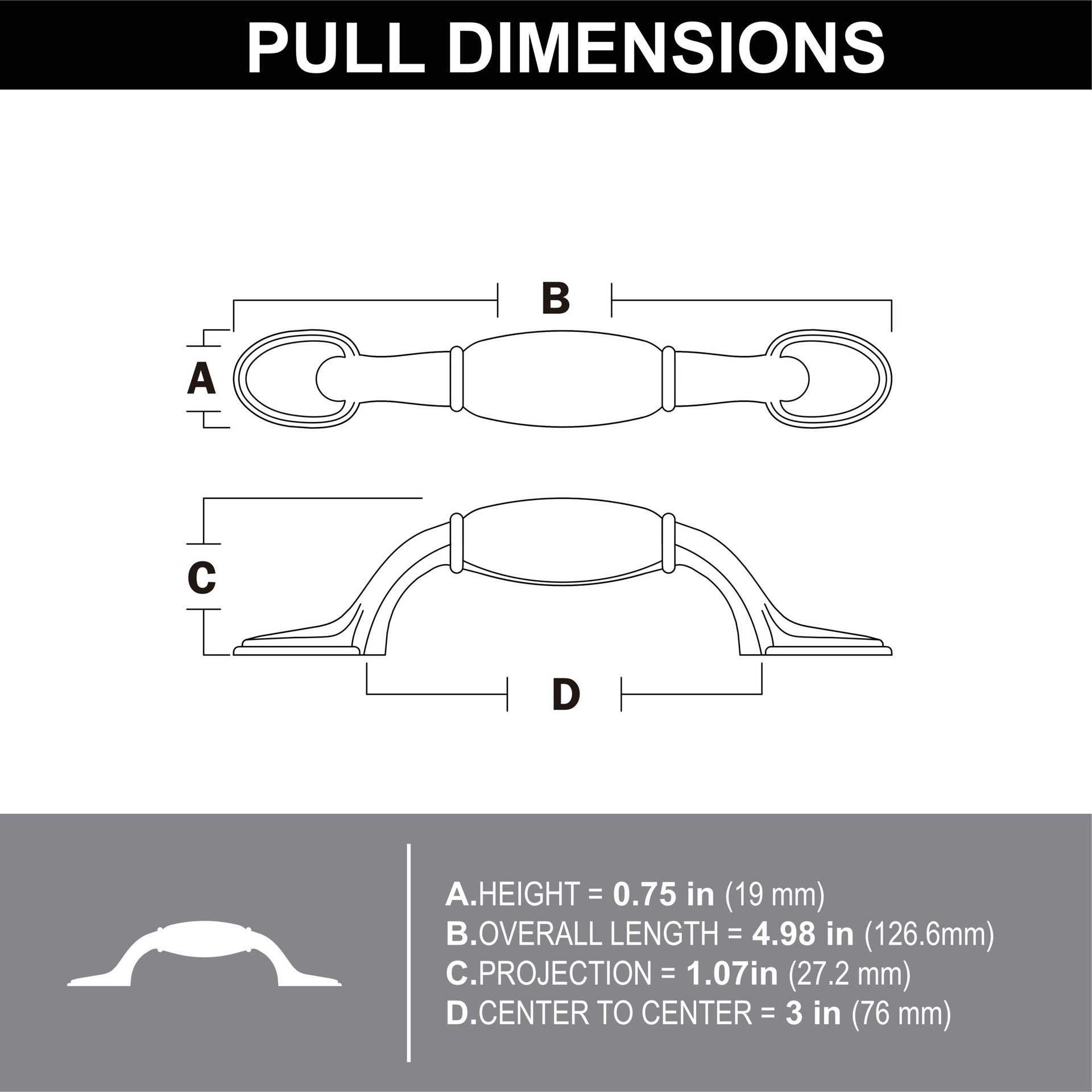 slide 5 of 5, allen + roth 3-in , 76mm Center to Center Polished chrome and porcelain white Arch Handle Drawer Pull, 1 ct