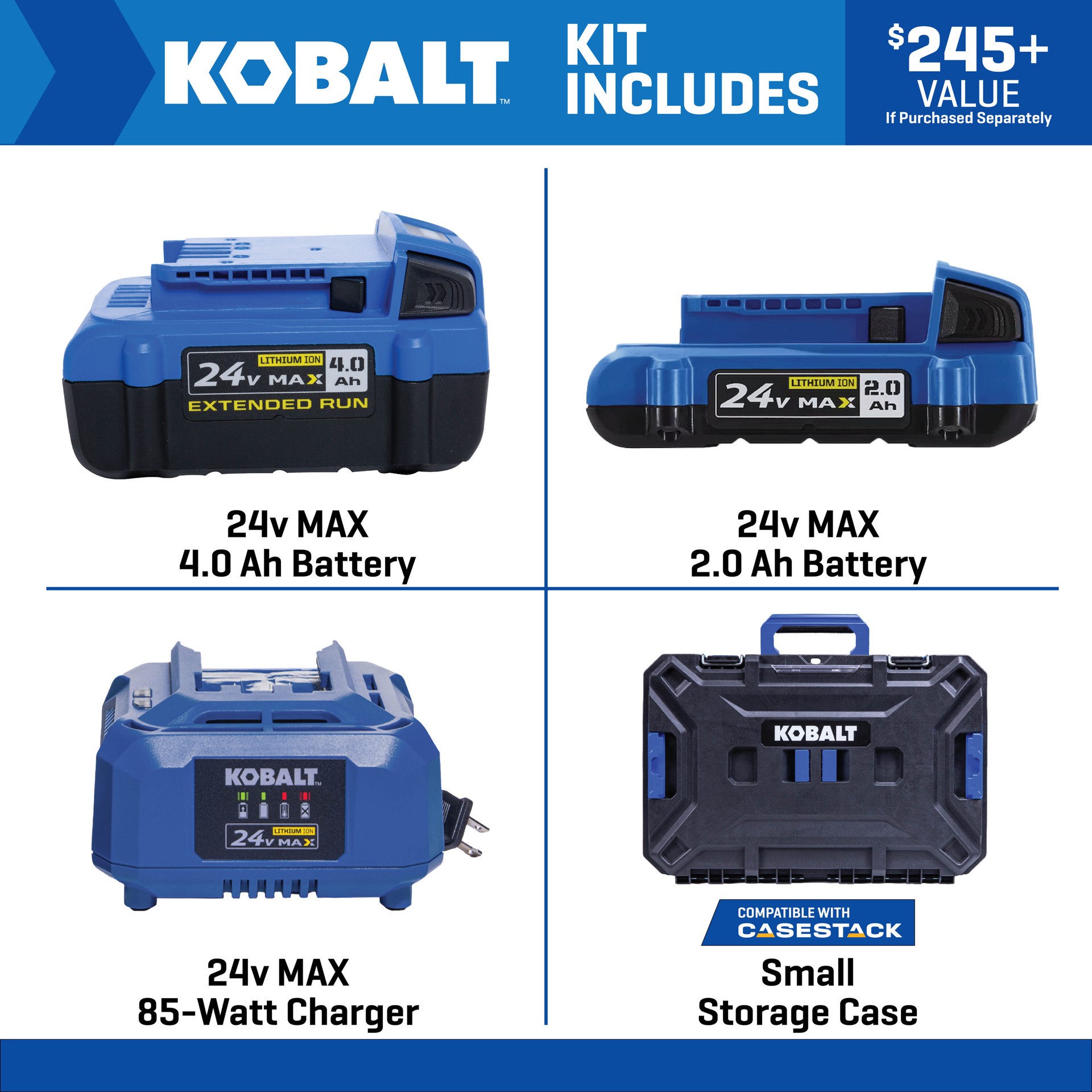 slide 3 of 6, Kobalt 24 -Volt 2 -Pack Lithium-ion ( 2 Ah 4 Ah Battery starter kit with toolbox ), 1 ct