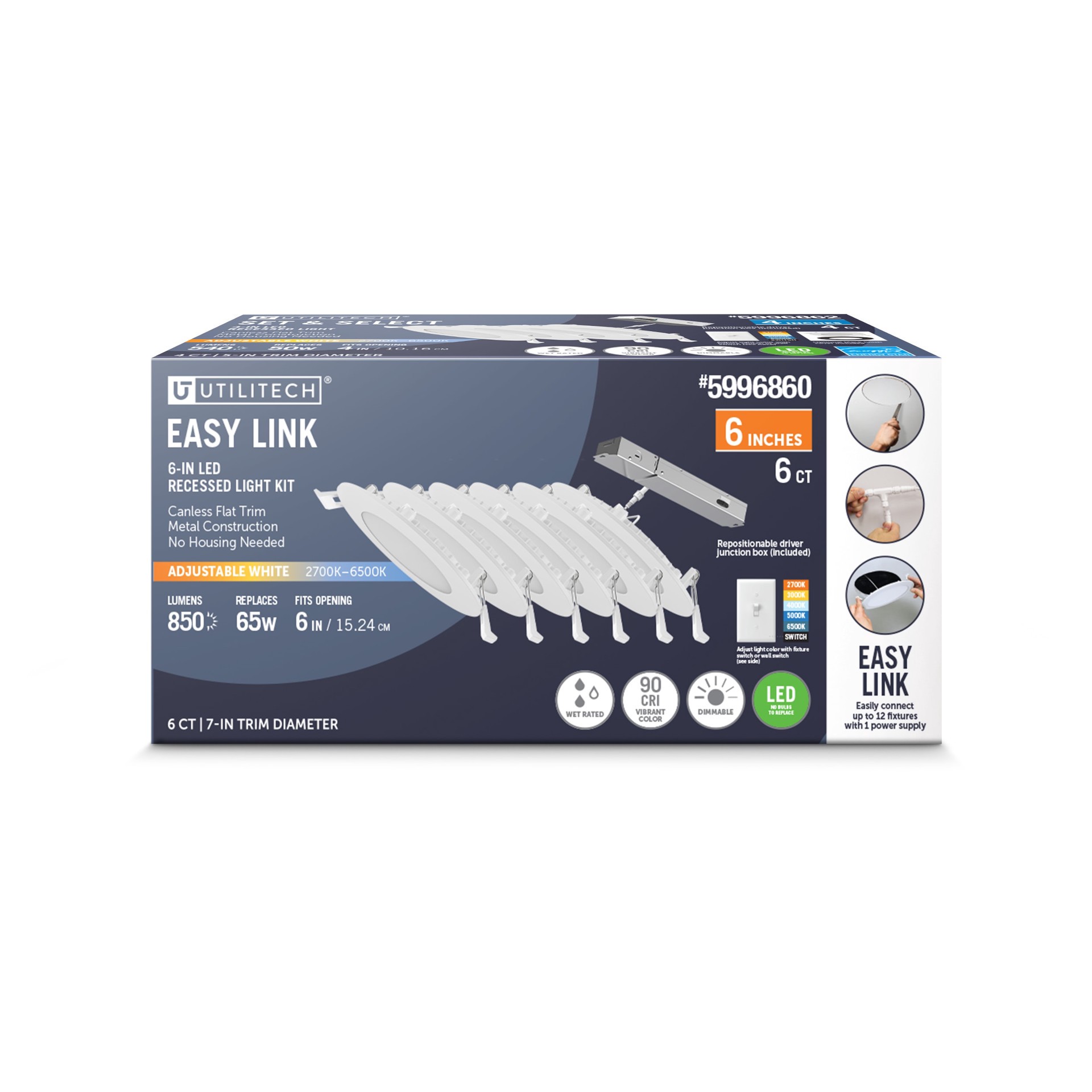 slide 1 of 6, Utilitech White 6-in 850 -Lumens Switchable white Round Dimmable LED Wet rated Recessed Downlight 6 -Pack, 1 ct