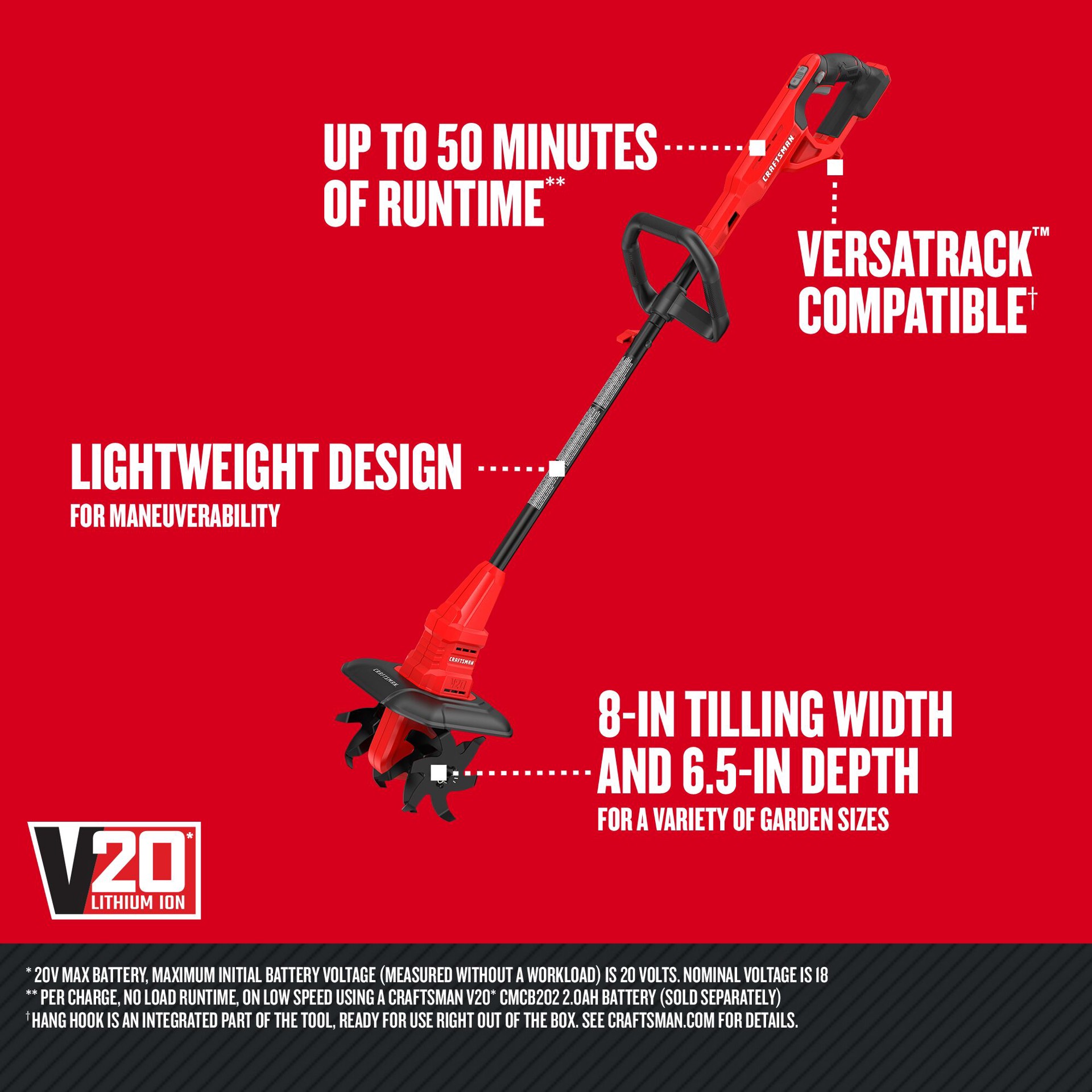 slide 2 of 6, CRAFTSMAN V20 20-volt Lithium ion (Li-ion) Forward-rotating Cordless Electric Cultivator ( Charger Not Included ), 1 ct