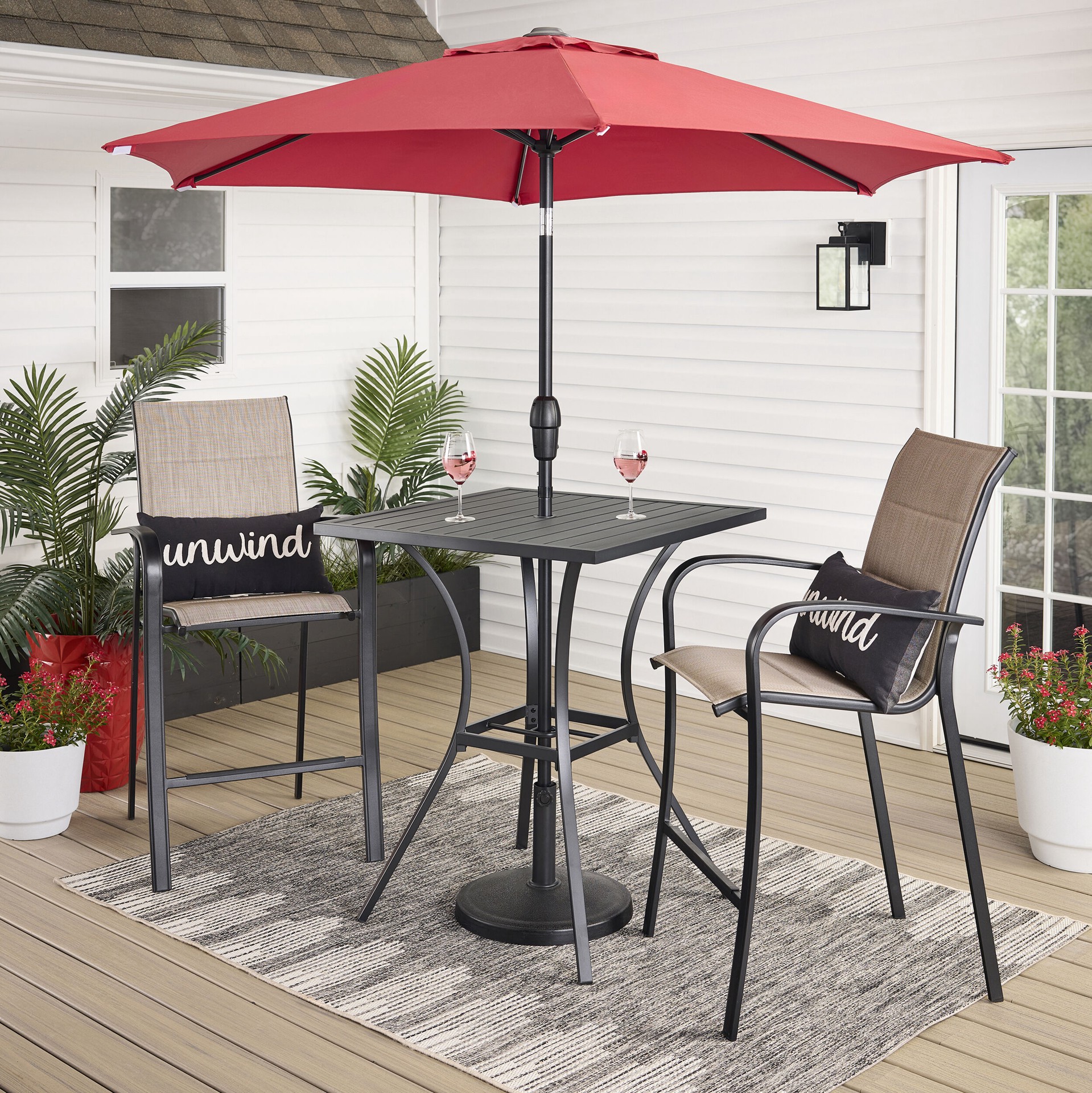 slide 6 of 6, Style Selections Pelham Bay Square Outdoor Bar height Table 32-in W x 32-in L with Umbrella Hole, 1 ct