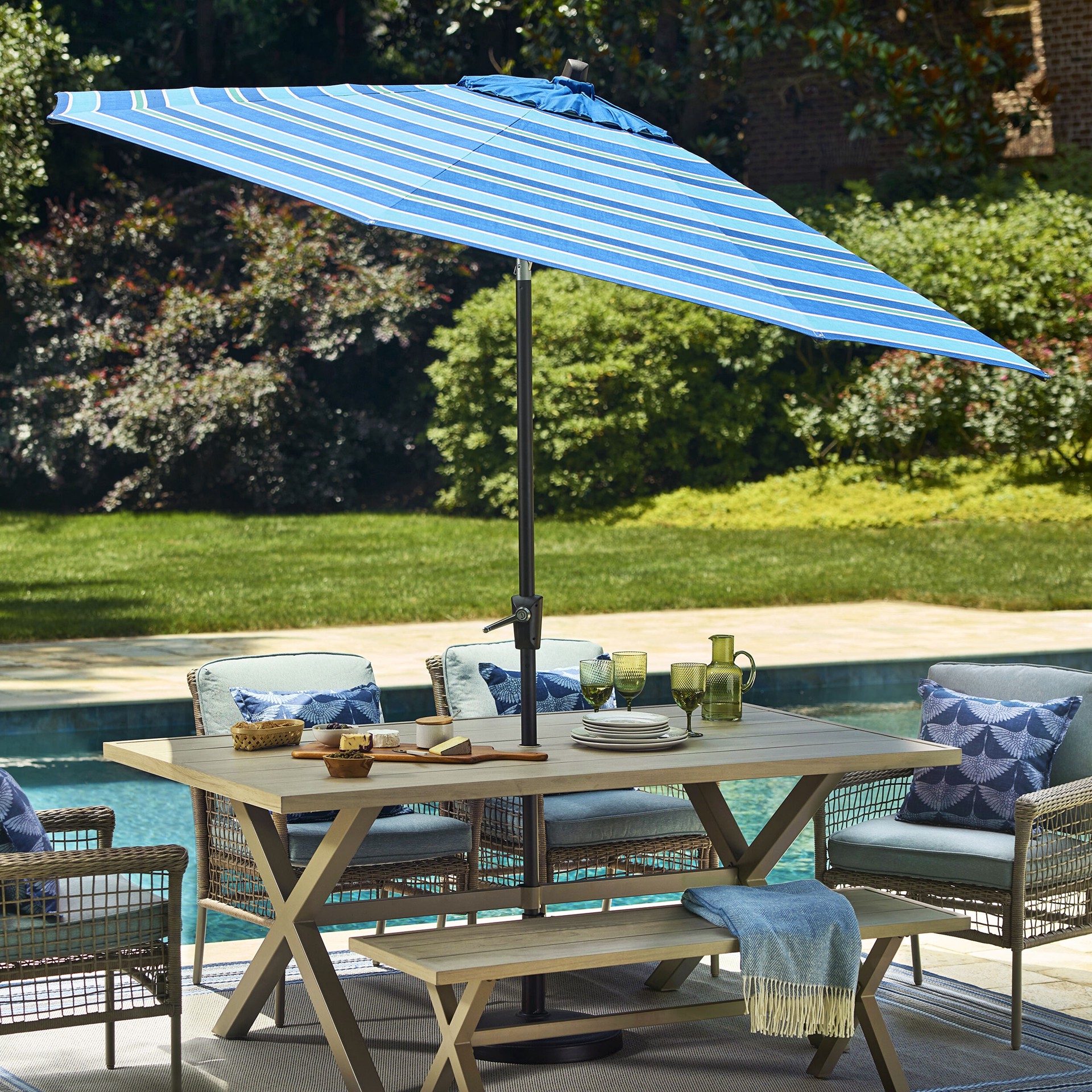 slide 2 of 6, allen + roth 9-ft Aluminum Blue Auto-tilt Market Patio Umbrella, 1 ct