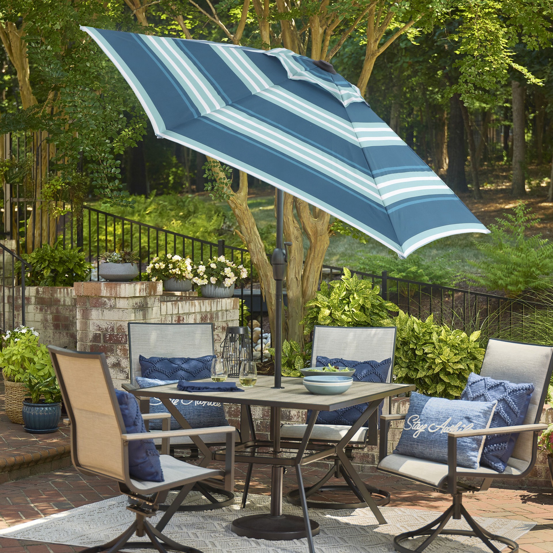 slide 2 of 6, Style Selections 7.5-ft Steel Blue Push-button Tilt Market Patio Umbrella, 1 ct