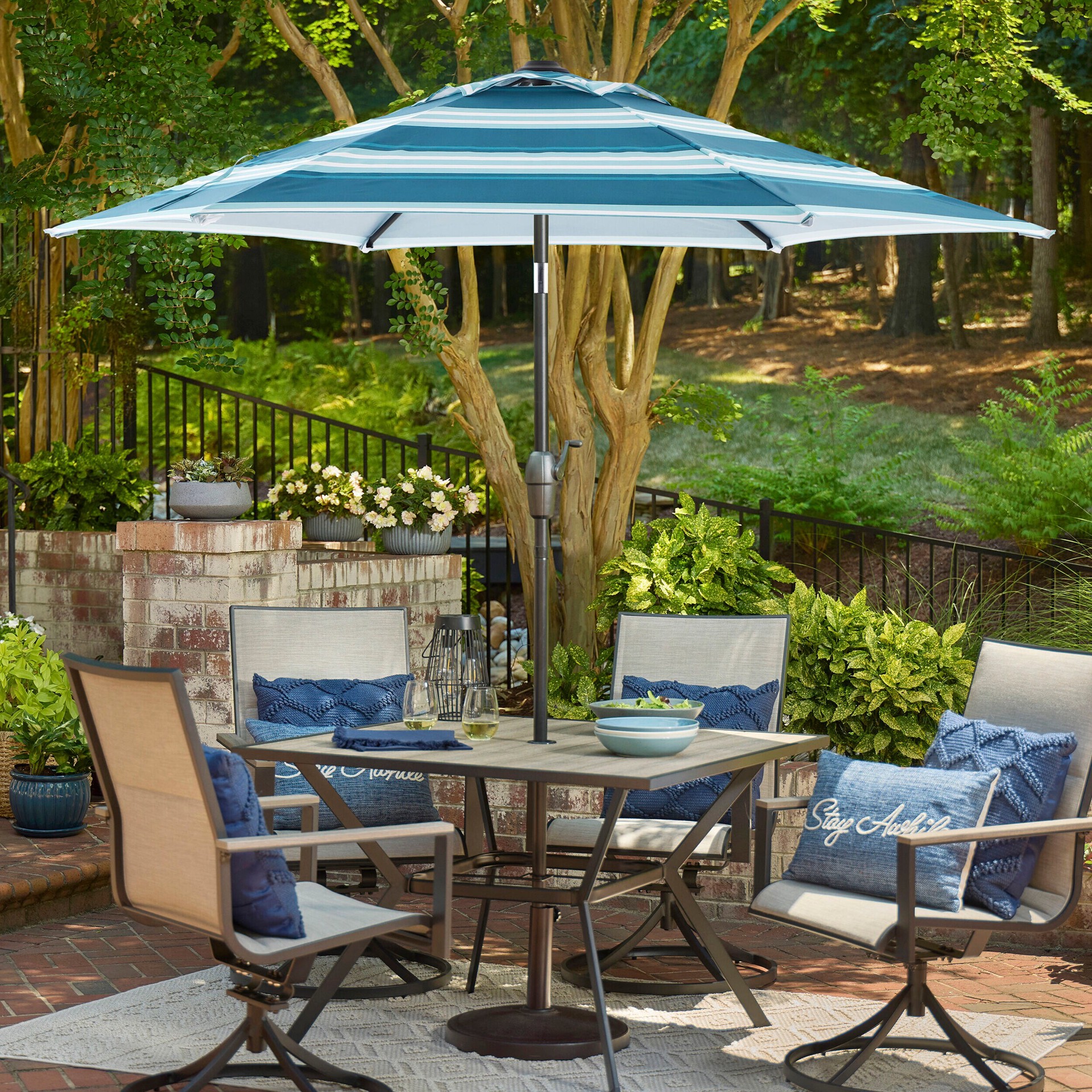 slide 3 of 6, Style Selections 7.5-ft Steel Blue Push-button Tilt Market Patio Umbrella, 1 ct