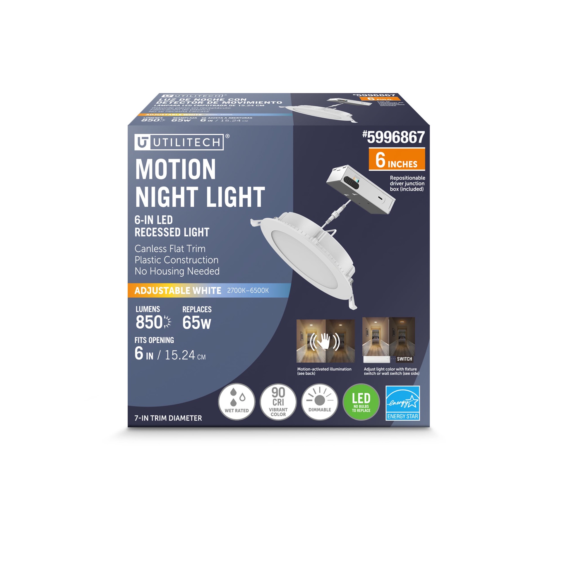 slide 1 of 6, Utilitech Motion Battery White 6-in 850 -Lumens Switchable white Round Dimmable LED Canless Wet rated Recessed Downlight, 1 ct