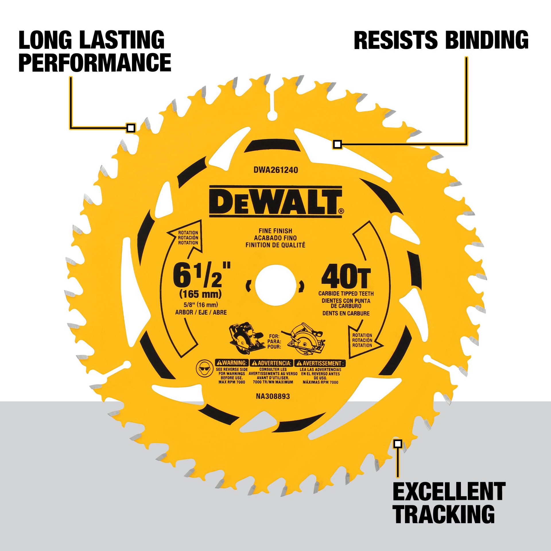 slide 2 of 6, DEWALT 6-1/2-in 40 -Tooth Fine Finish Tungsten carbide-tipped steel Circular saw blade Individual, 1 ct