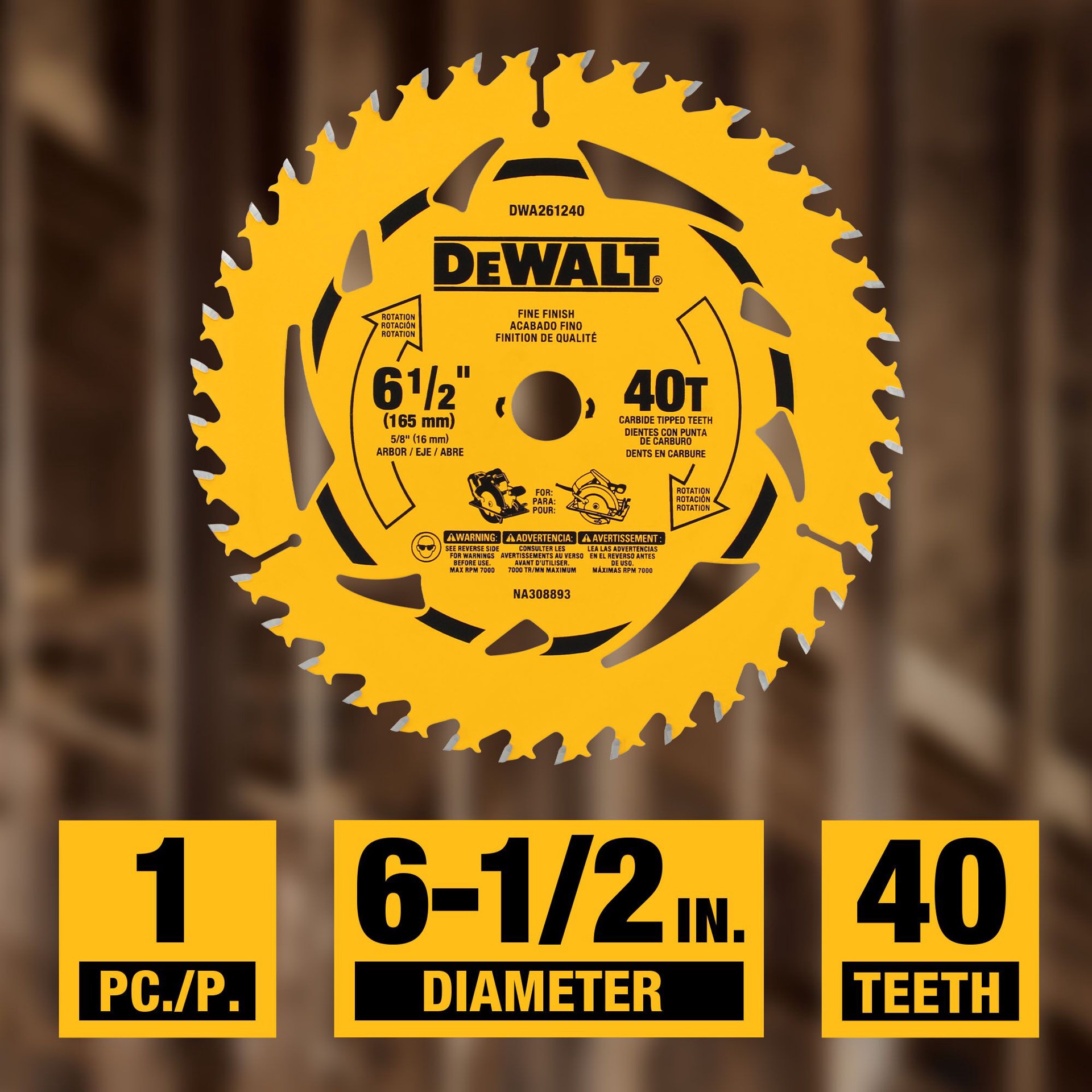 slide 3 of 6, DEWALT 6-1/2-in 40 -Tooth Fine Finish Tungsten carbide-tipped steel Circular saw blade Individual, 1 ct