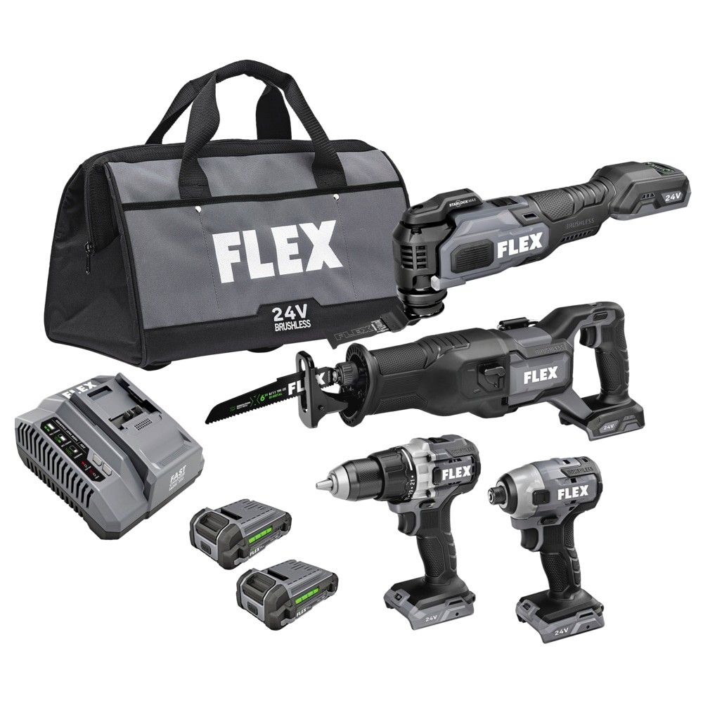 slide 1 of 6, FLEX 24-volt 4-Tool Brushless Power Tool Combo Kit with Soft Case (2-Batteries and Charger Included), 1 ct