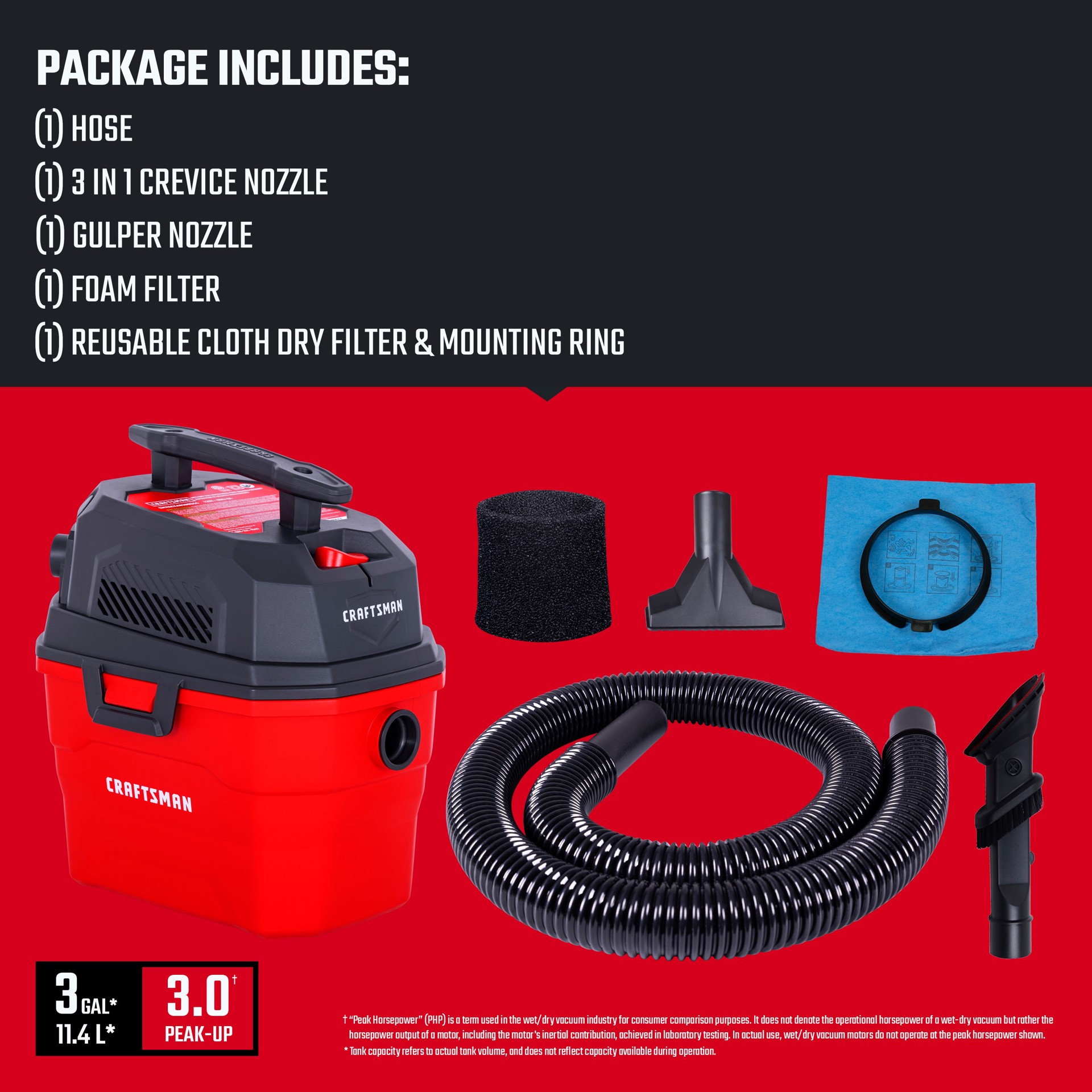 slide 2 of 6, CRAFTSMAN 3-Gallon 3 HP Corded Wet/Dry Shop Vacuum with Accessories Included, 1 ct