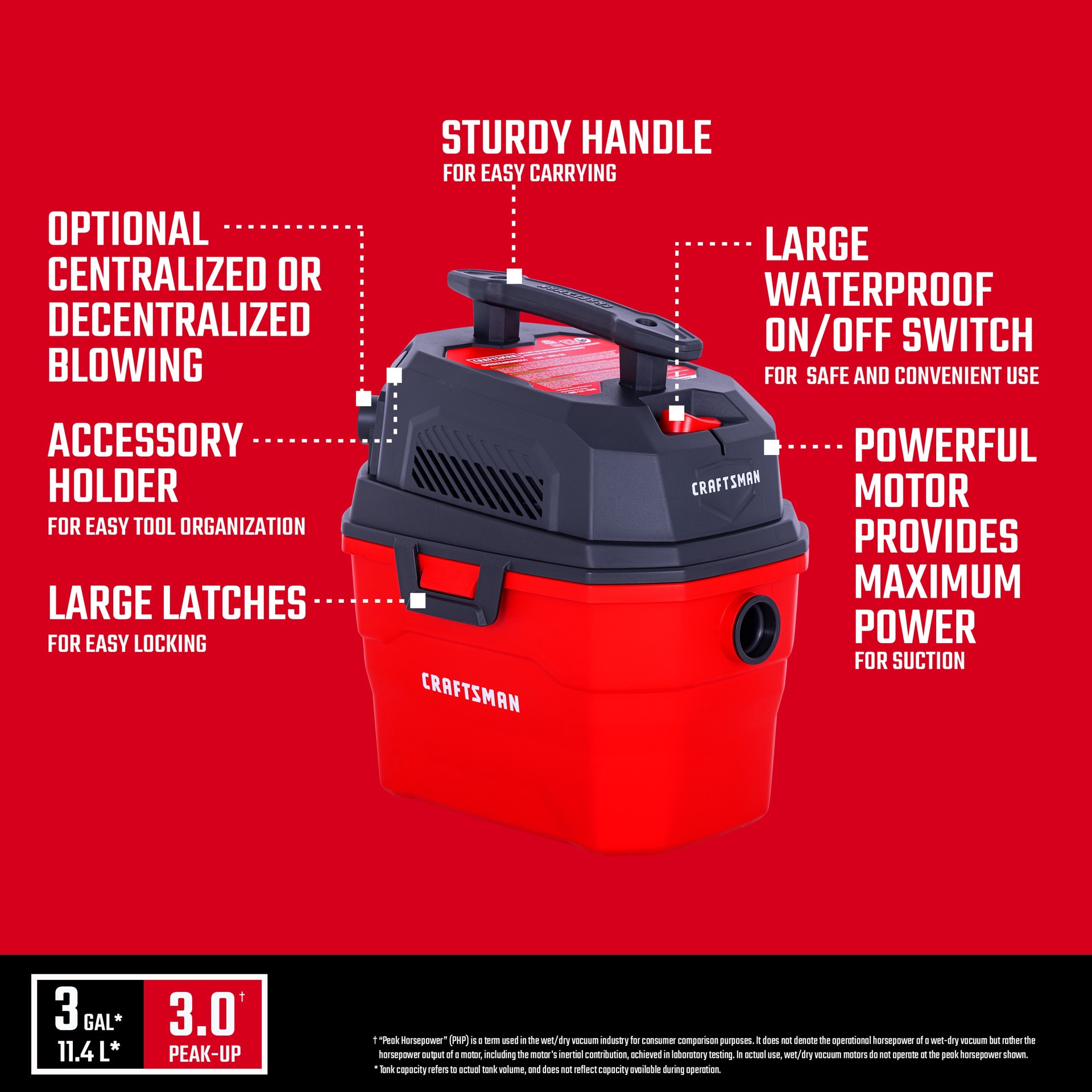 slide 3 of 6, CRAFTSMAN 3-Gallon 3 HP Corded Wet/Dry Shop Vacuum with Accessories Included, 1 ct