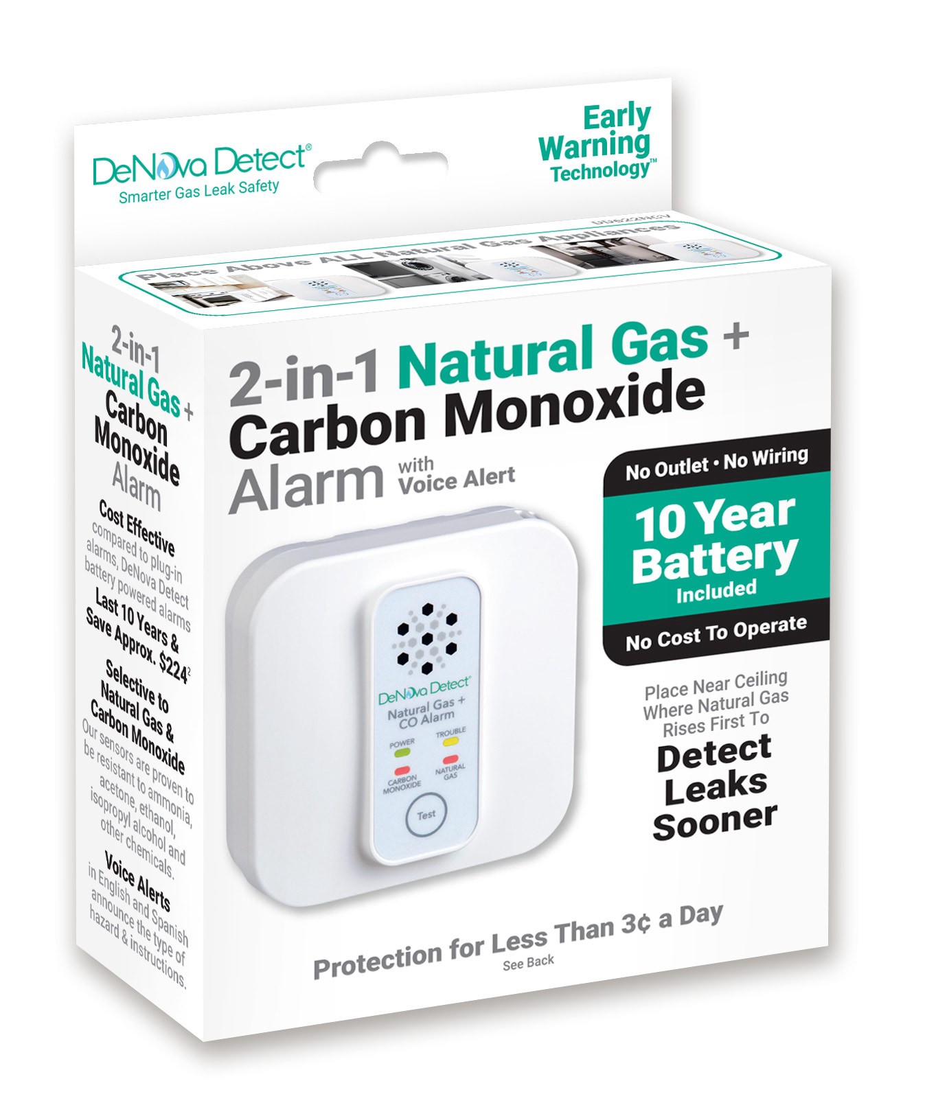 slide 1 of 6, DeNova Detect 2-in-1 10-Year Battery-operated Natural Gas Carbon Monoxide Detector with Voice Alert, 1 ct