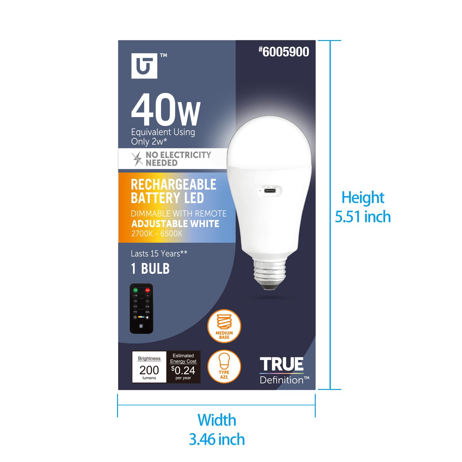 slide 5 of 6, Utilitech Rechargeable Battery 40 -Watt EQ A21 Soft white Medium base (E-26) LED General purpose Light Bulb, 1 ct