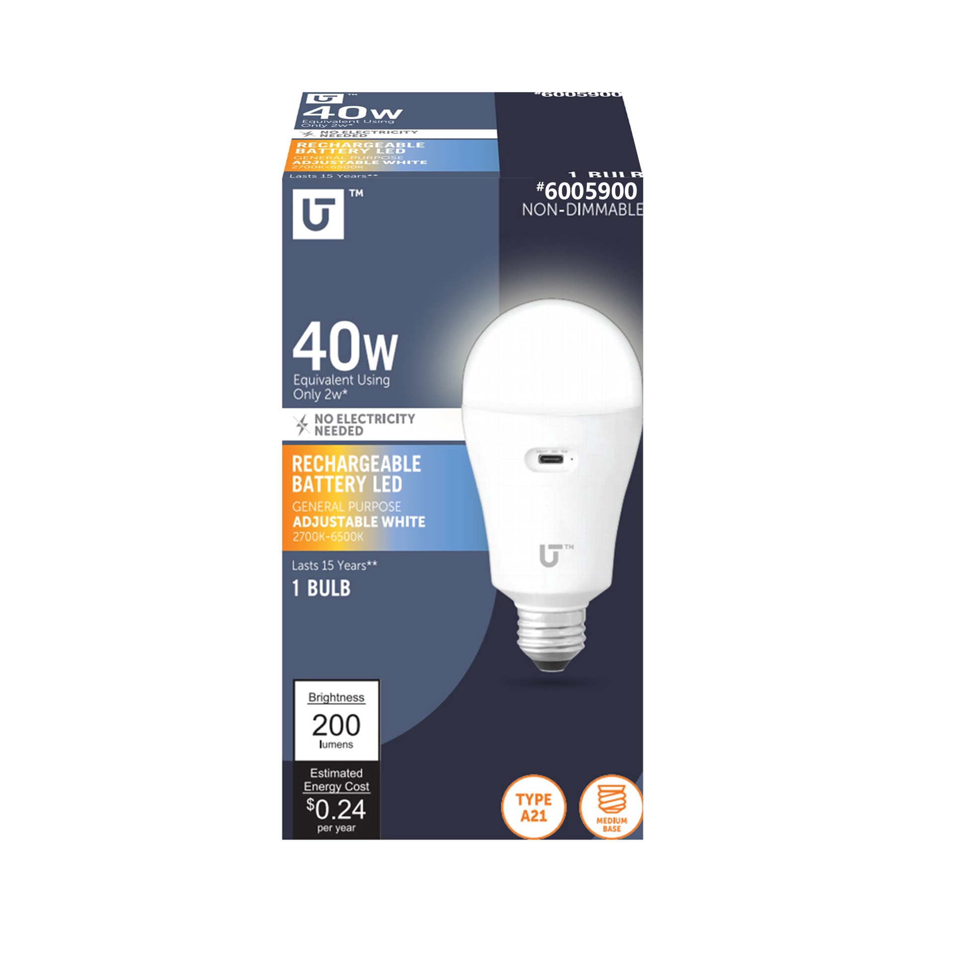 slide 1 of 6, Utilitech Rechargeable Battery 40 -Watt EQ A21 Soft white Medium base (E-26) LED General purpose Light Bulb, 1 ct