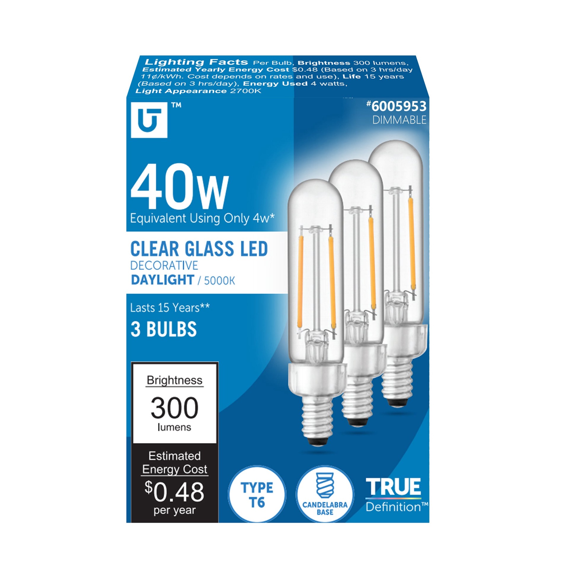 slide 1 of 6, Utilitech 40 -Watt EQ T6 Daylight Candelabra base (E-12) Dimmable LED General purpose Light Bulb 3 -Pack, 1 ct