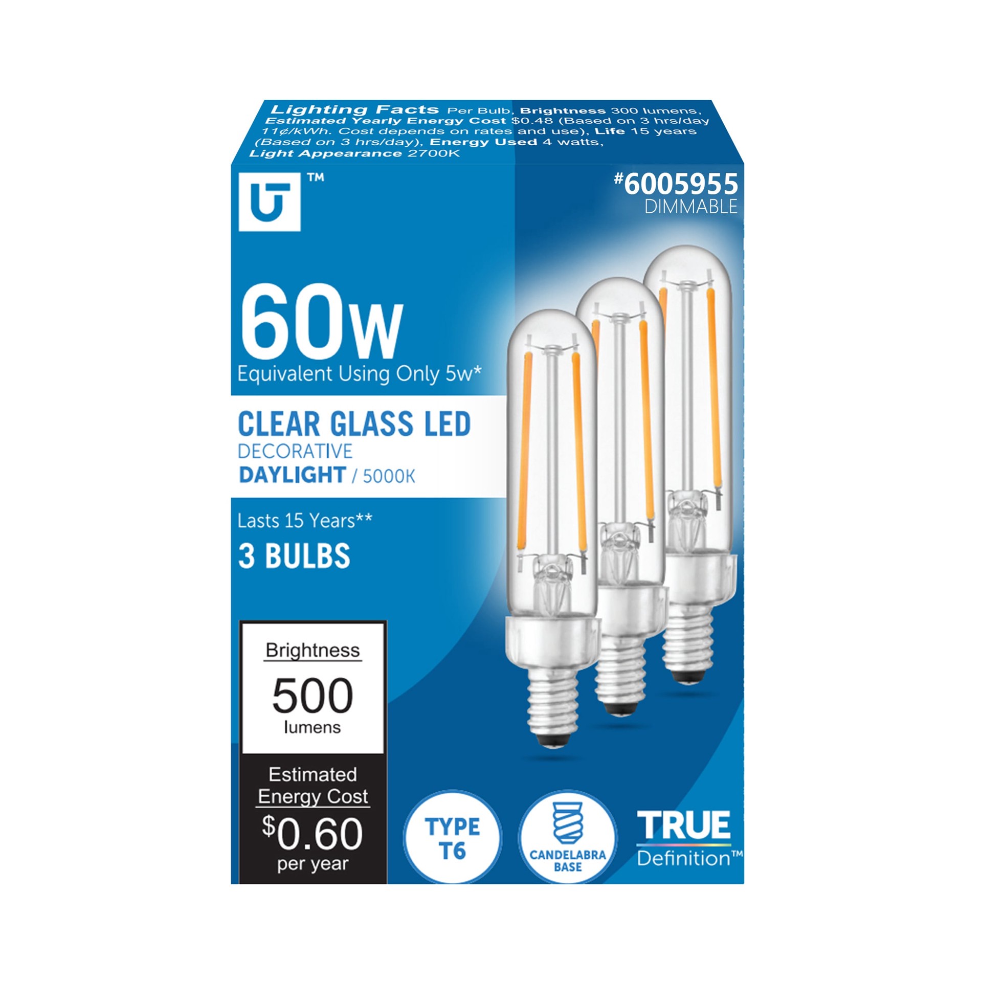 slide 1 of 6, Utilitech 60 -Watt EQ T6 Daylight Candelabra base (E-12) Dimmable LED General purpose Light Bulb 3 -Pack, 1 ct