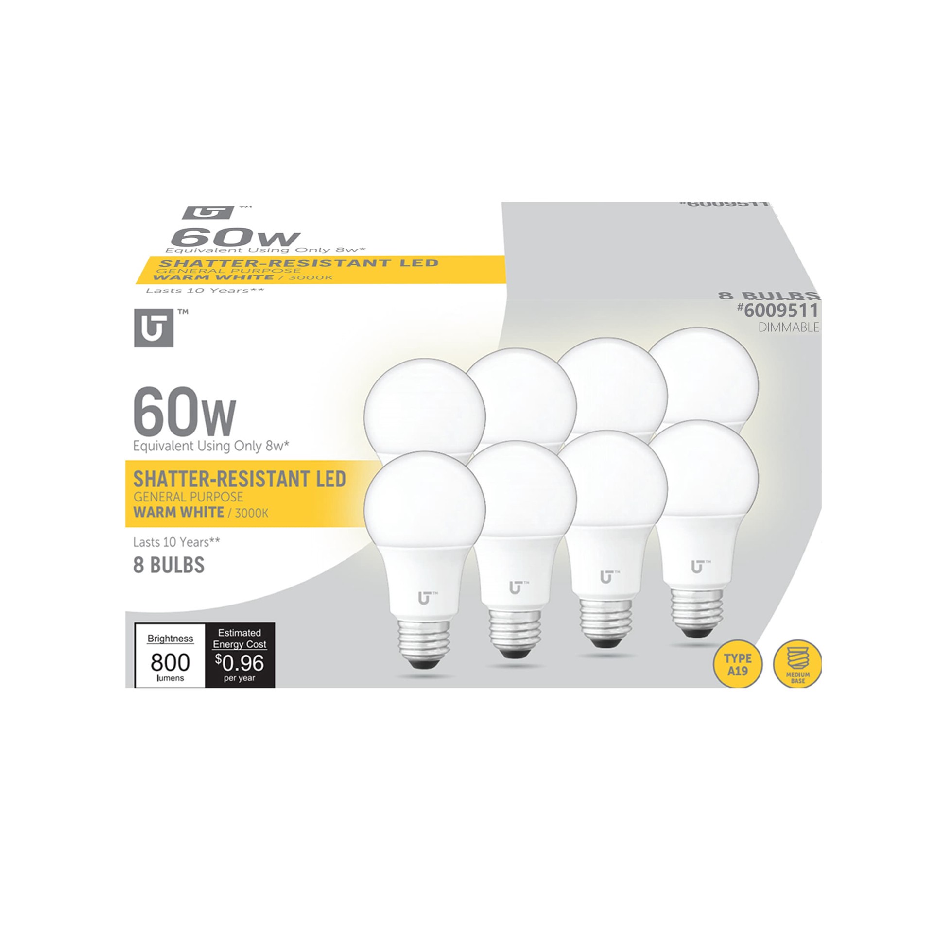 slide 1 of 6, Utilitech 60 -Watt EQ A19 Warm white Medium base (E-26) Dimmable LED General purpose Light Bulb 8 -Pack, 1 ct