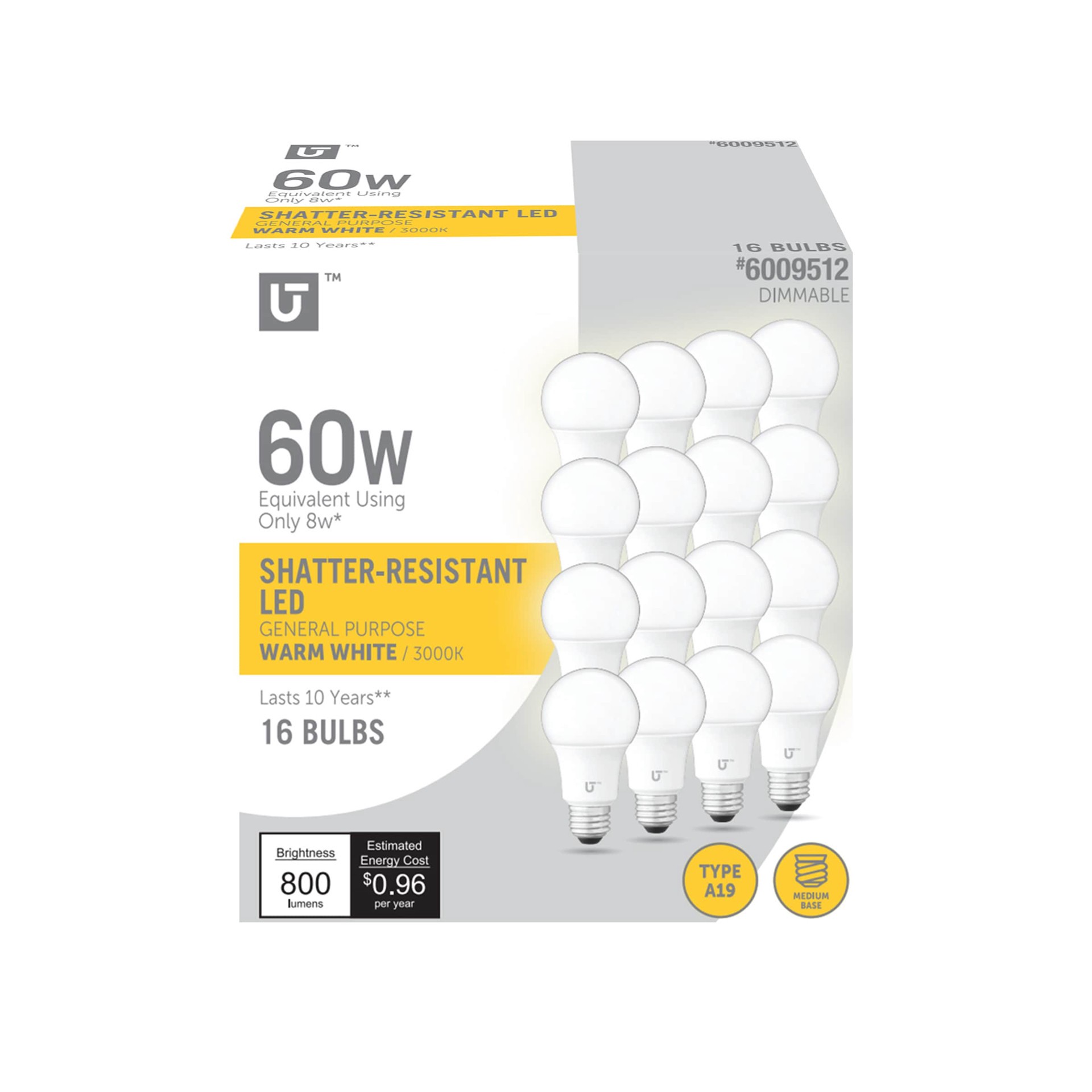slide 1 of 6, Utilitech 60 -Watt EQ A19 Warm white Medium base (E-26) Dimmable LED General purpose Light Bulb 16 -Pack, 1 ct