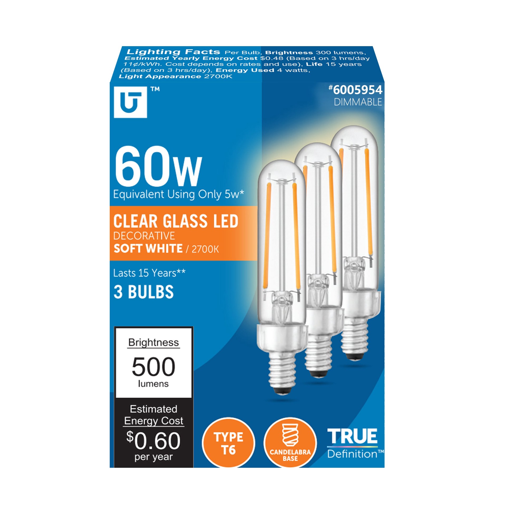 slide 1 of 6, Utilitech Clear Glass 60 -Watt EQ T6 Soft white Candelabra base (E-12) Dimmable LED General purpose Light Bulb 3 -Pack, 1 ct