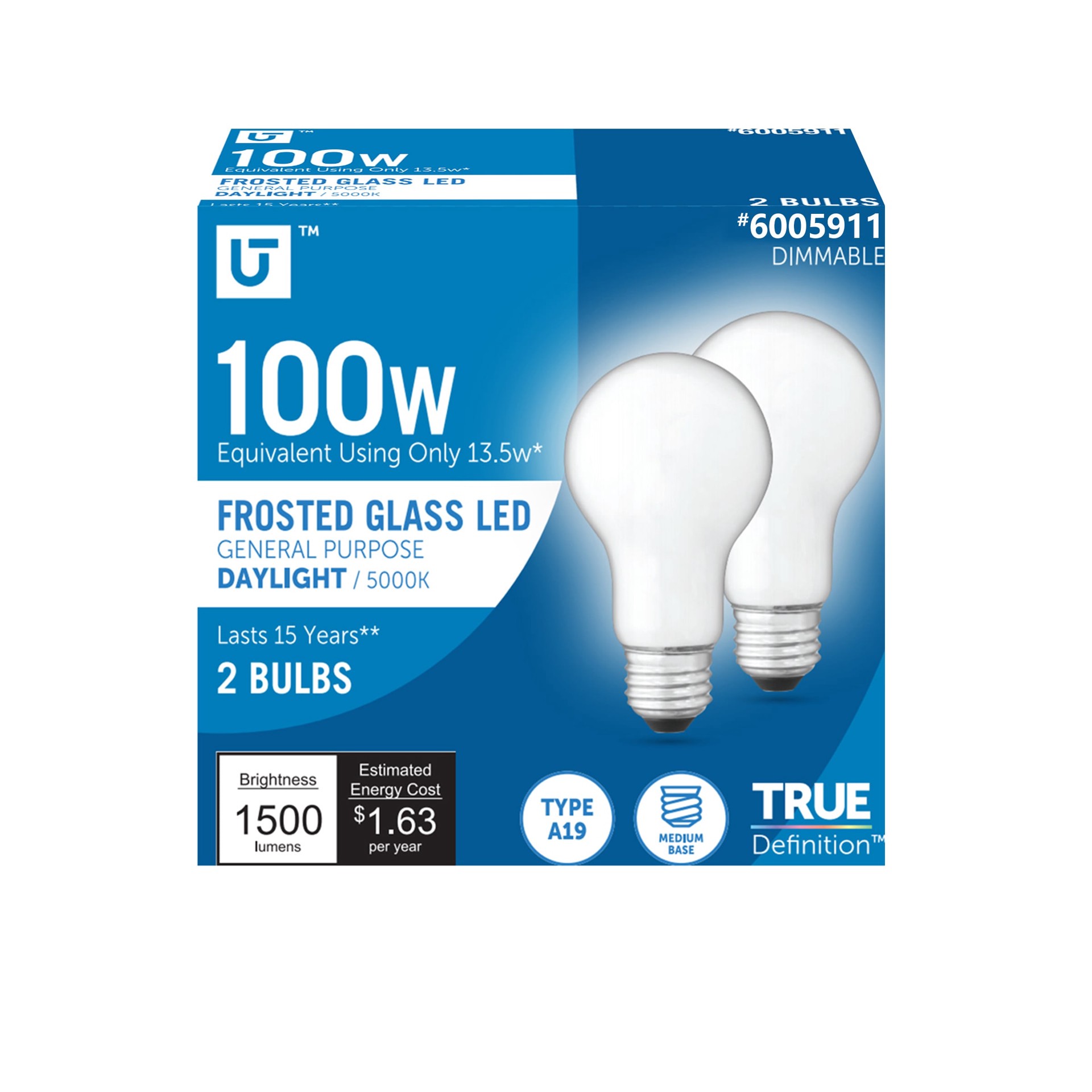 slide 1 of 6, Utilitech Frosted Glass 100 -Watt EQ A19 Daylight Medium base (E-26) Dimmable LED General purpose Light Bulb 2 -Pack, 1 ct