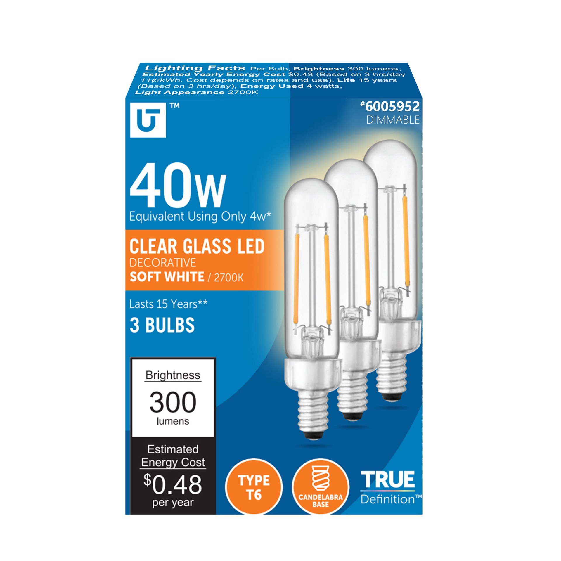 slide 1 of 6, Utilitech 40 -Watt EQ T6 Soft white Candelabra base (E-12) Dimmable LED General purpose Light Bulb 3 -Pack, 1 ct
