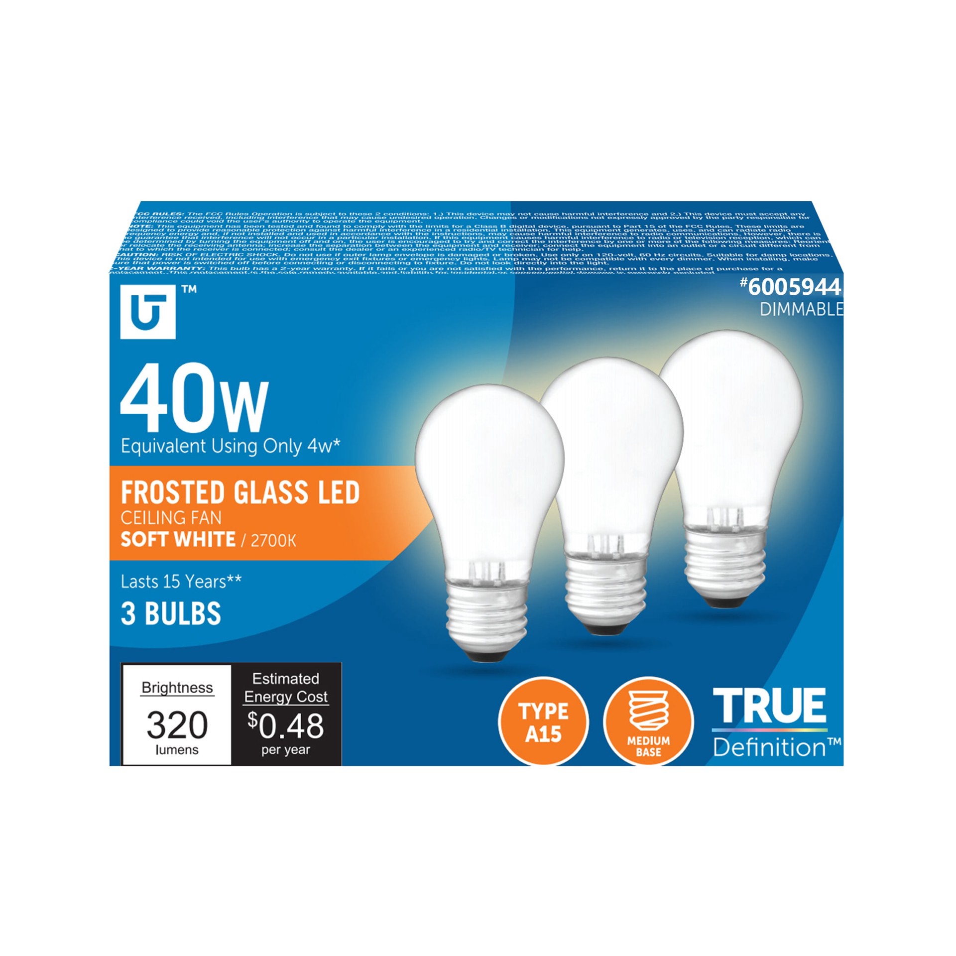 slide 1 of 6, Utilitech 40 -Watt EQ A15 Soft white Medium base (E-26) Dimmable LED General purpose Light Bulb 3 -Pack, 1 ct