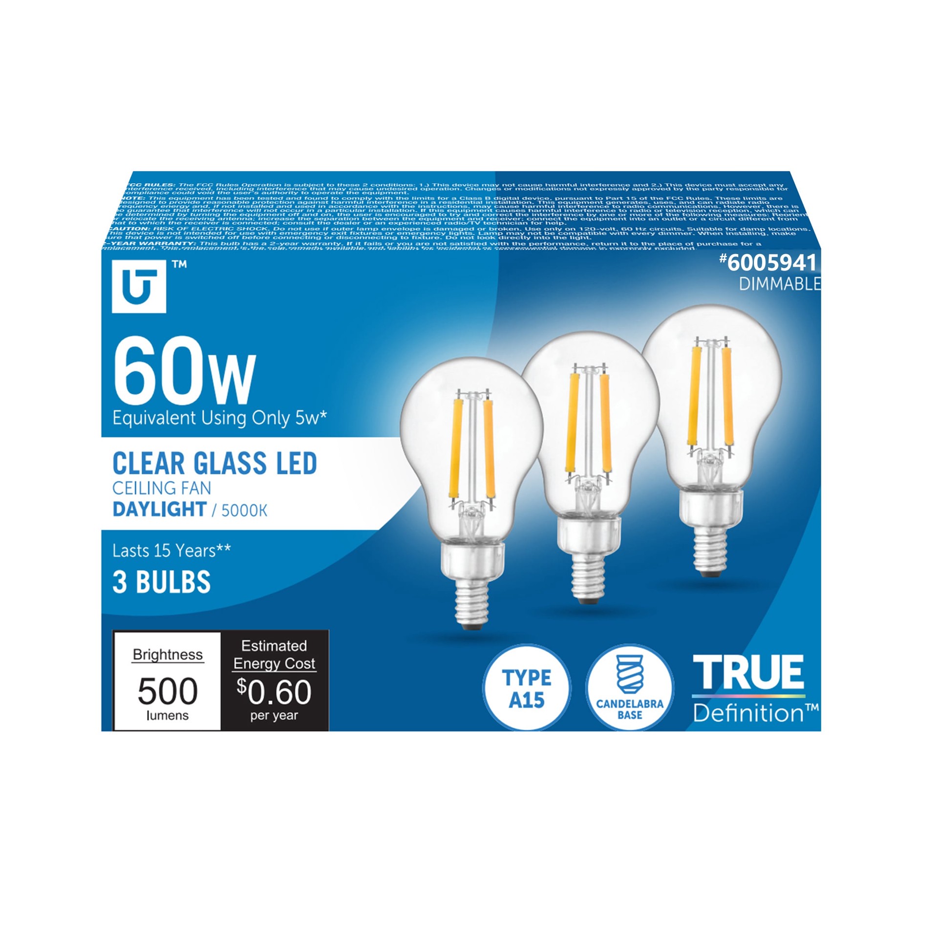 slide 1 of 6, Utilitech 60 -Watt EQ A15 Daylight Candelabra base (E-12) Dimmable LED General purpose Light Bulb 3 -Pack, 1 ct