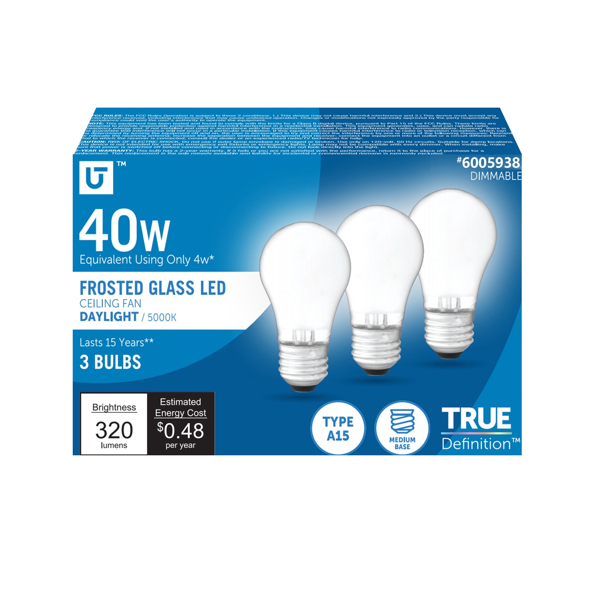 slide 1 of 6, Utilitech Frosted Glass 40 -Watt EQ A15 Daylight Medium base (E-26) Dimmable LED General purpose Light Bulb 3 -Pack, 1 ct